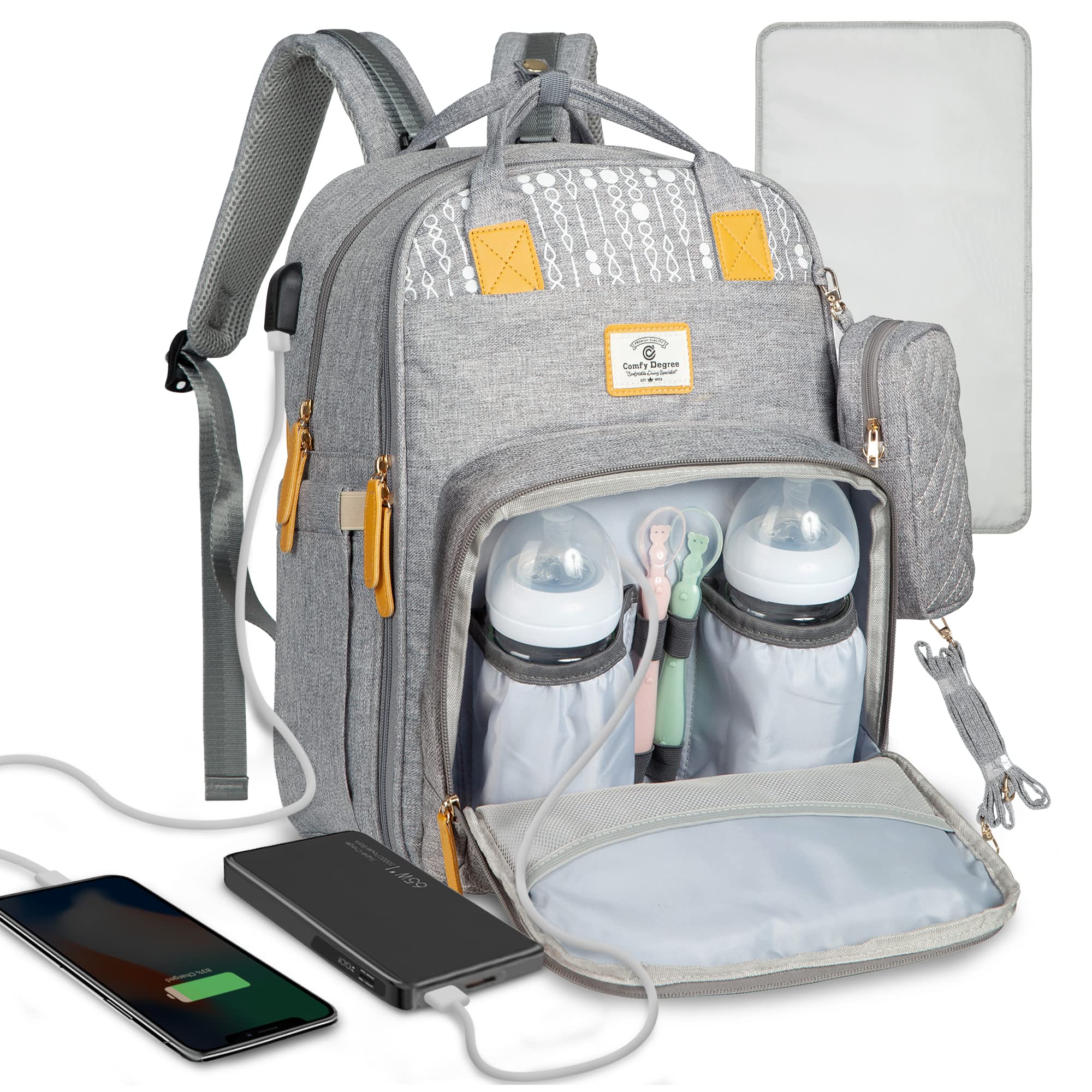 ComfyDegree Baby Changing Bag Rucksack Waterproof Large Capacity Baby Travel Bag Organiser w/Pacifier Holder, USB Port Stroller Straps & Insulated Bottle Warmer Pockets for Mom and Dad