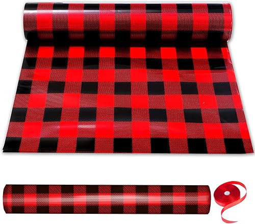 Whaline Rollo de papel de envoltura de celofán de Navidad, papel de regalo transparente a cuadros con cinta, plástico negro y rojo, cesta de regalo