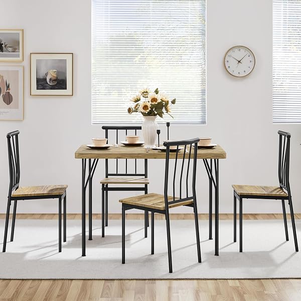 Yaheetech Dining Table and Chairs Set, Kitchen Table with 4 Chairs, 4cm Thick Top, MDF Wood and Metal, Industrial Style Space Saving for Terrace, Living Room and Living Room, Brown - 2