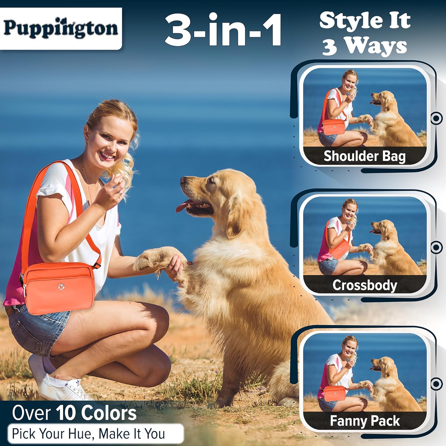 Puppington 3-in-1 Crossbody Dog Treat Pouch for Pet Training - Compostable Poop Bags, Built-In Poop Bag Dispenser, Slow-Feeding Travel Dog Bowl & Reflective Leash - Dog Walking Bag (Poppy Orange)