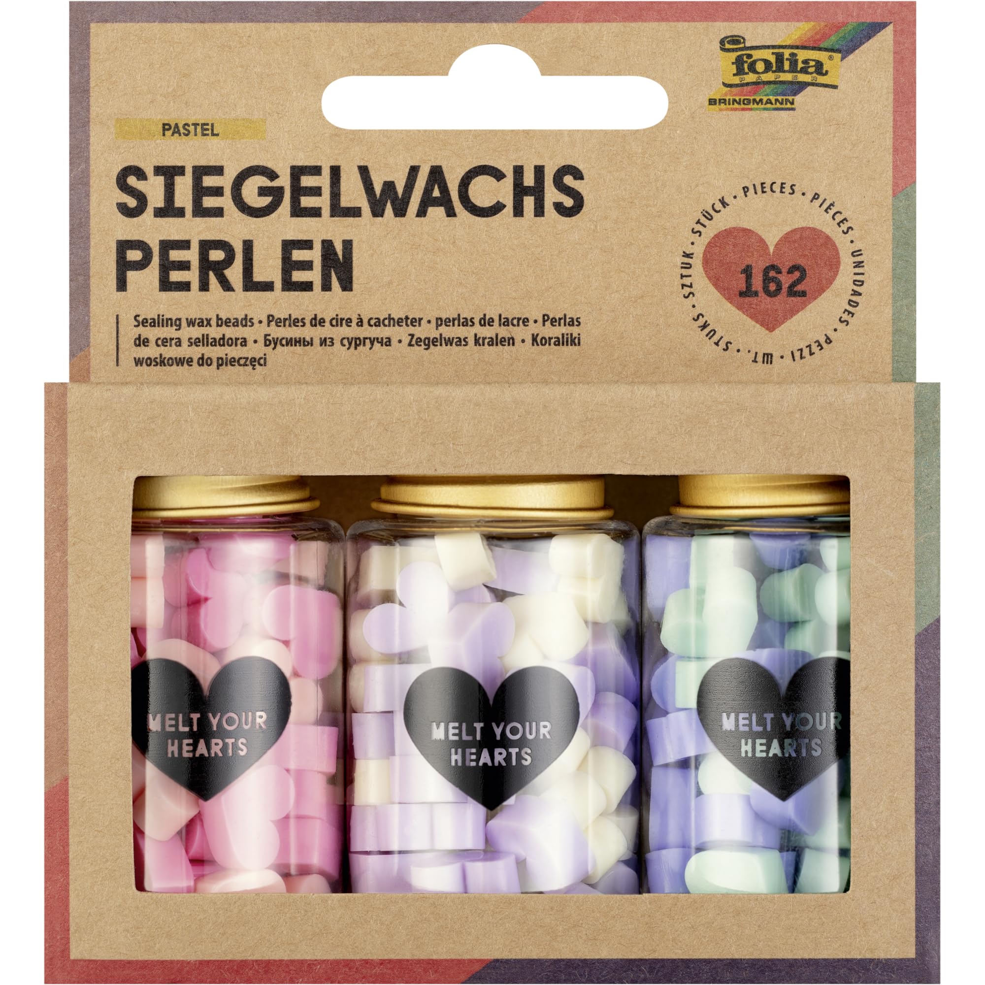folia 31319 Sealing Wax Beads Pastel, 162 Wax Beads in 6 Pastel Colours, 3 Glasses of 54 Beads Each with 3 Assorted Colours, for Decorating Letters and Gifts
