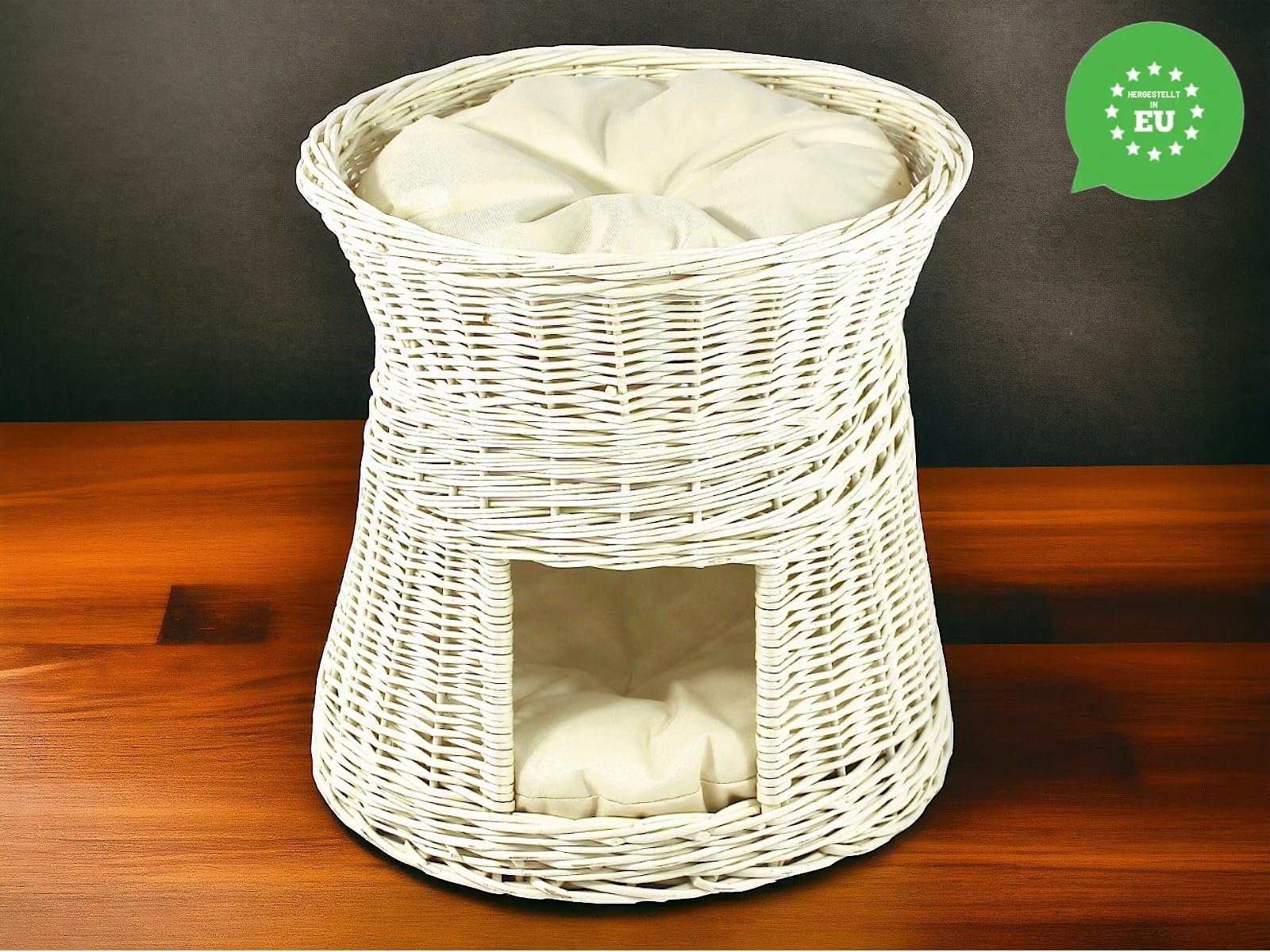Katzenkorb zum Schlafen – Katzenhütte Indoor – Größe: 50 cm rund – Katzenhöhle aus Weide – Zweistöckiges Katzen oder Hundebett in Weiß – Kissen Ecru