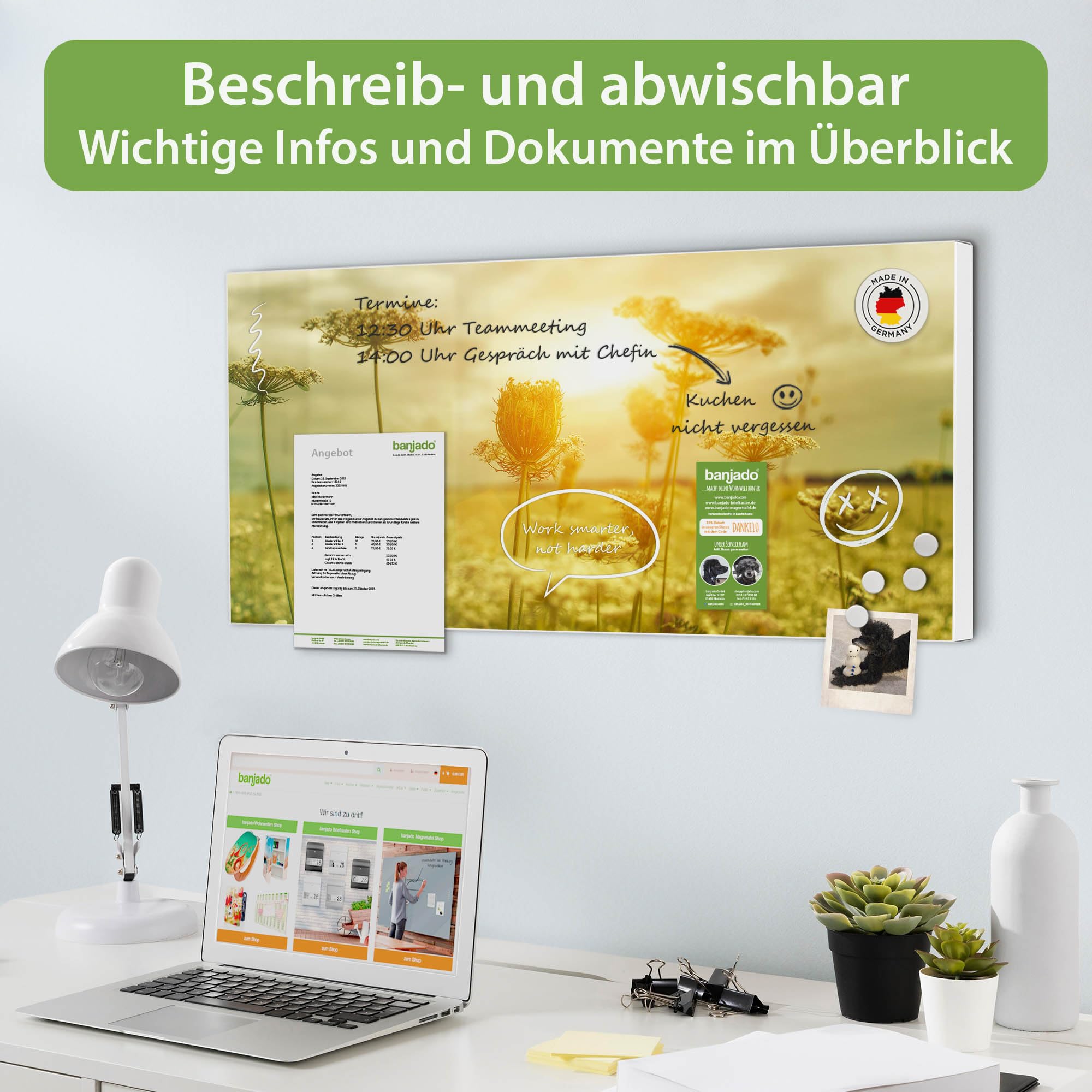 banjado Magnettafel Metall 78 x 37cm - beschreibbare Magnettafel - Metall Pinnwand als Memoboard - Magnetwand Küche, Büro, Kinderzimmer Weiß inkl. 4 Magnete & Montageset - Motiv Dill im Sonnenlicht