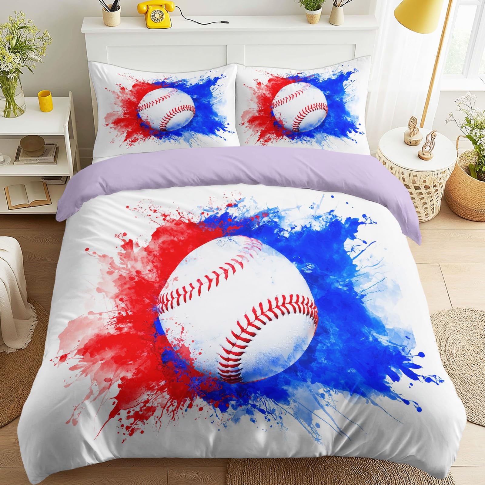 Housse de couette baseball au design éclaboussure d'encre dynamique pour lit double