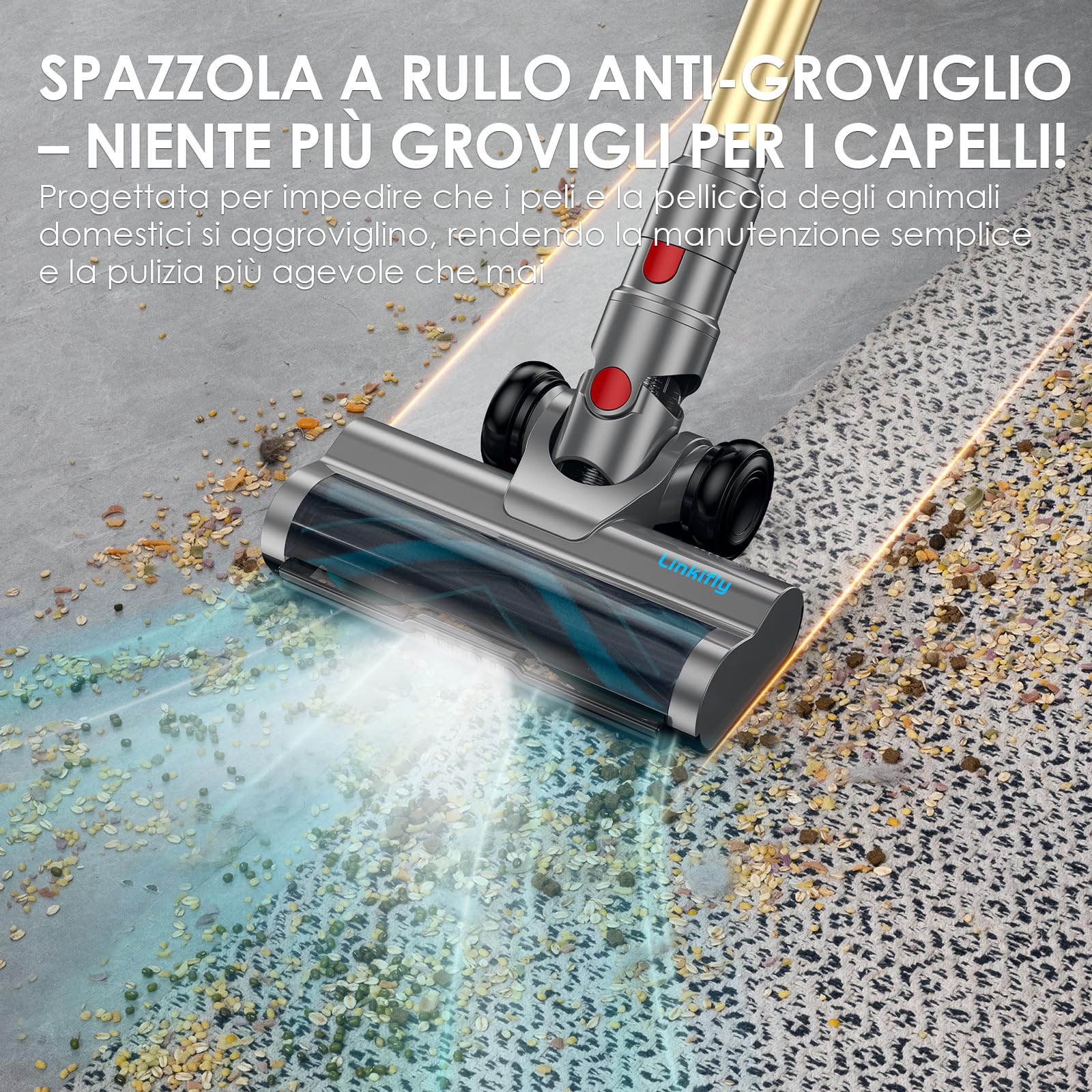 Linkifly XT1 Aspirapolvere Senza Fili Potente 550W 50KPa, Autonomia 60 Min, Display LED Touch, Batteria Rimovibile, Spazzola Anti-Groviglio, Filtrazione 5 Stadi, Ideale per Pavimenti e Peli di Animali