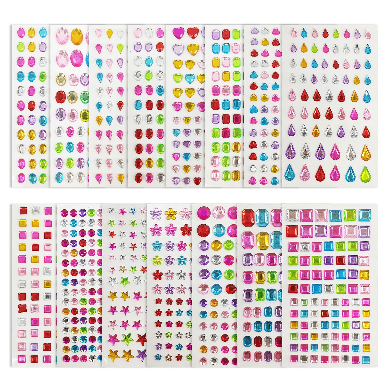 TSHAOUN 1300+Piezas 15 Hojas Pegatinas Diamantes Autoadhesivas Brillantes,Diamantes Autoadhesivas Pedrería Pegatina Pegatinas Brillantes Gema de Cristal Pegatinas Colores Variados (Multicolor)
