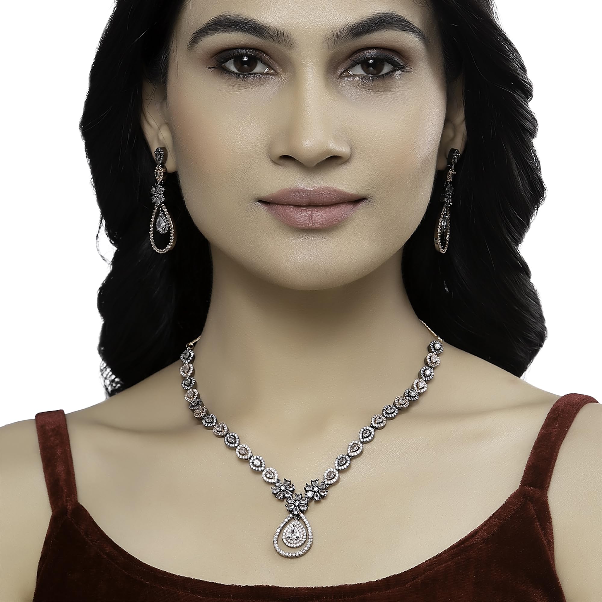 Gunmetal Toned AD Studded Teardrop & Floral Necklace Set
