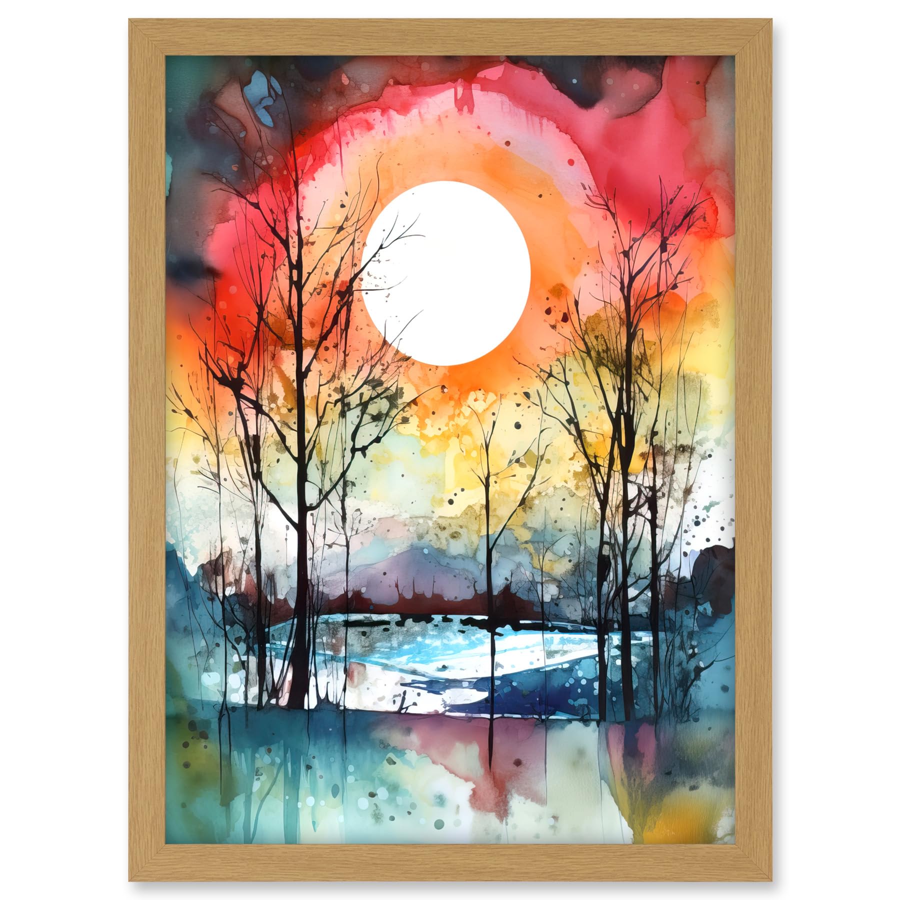 Artery8 Abstract Sunset Landscape Watercolour Painting Countryside Lake Autumn Trees Artwork Framed A3 Wall Art Print