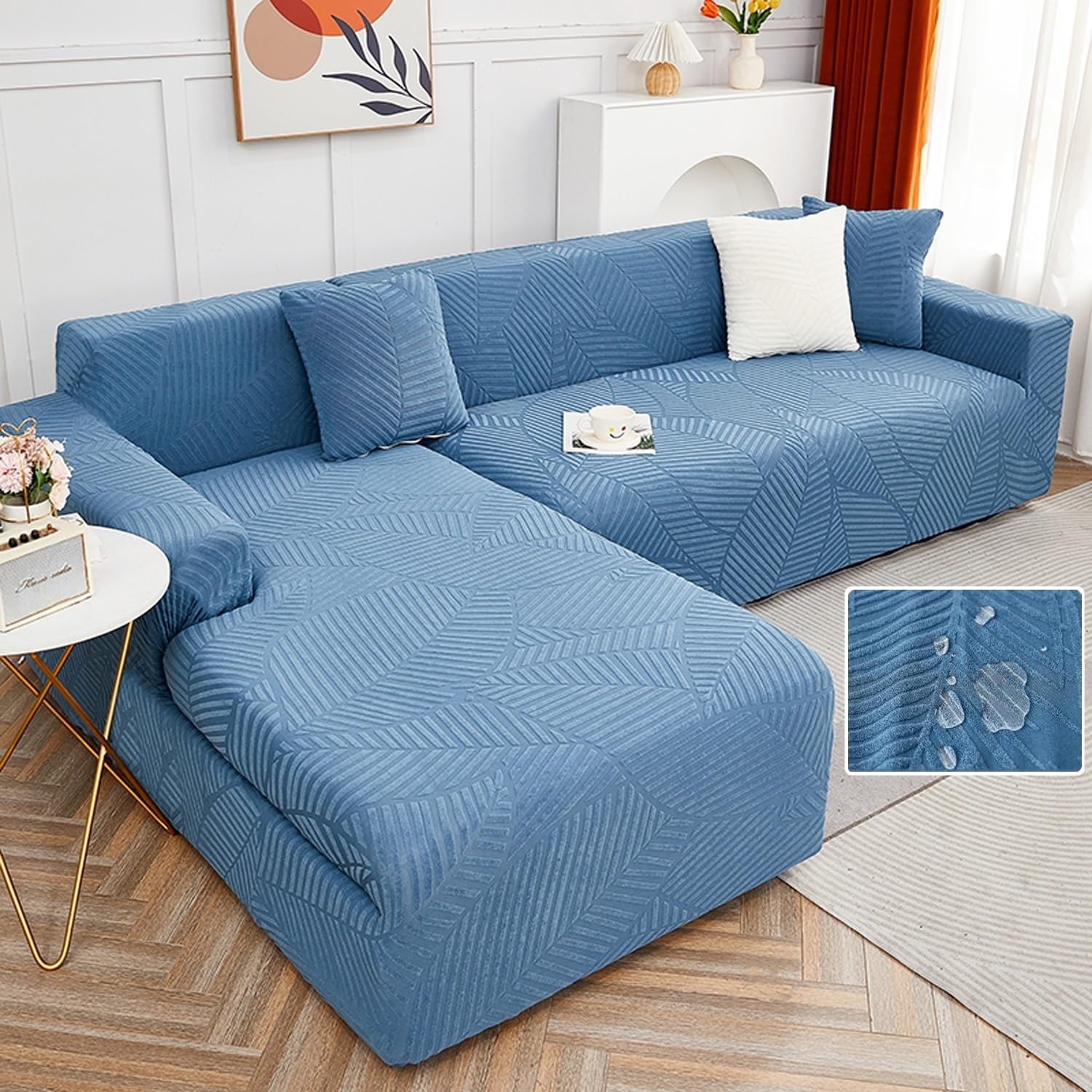 Housse extensible imperméable pour canapé bleu 4 places avec accoudoirs