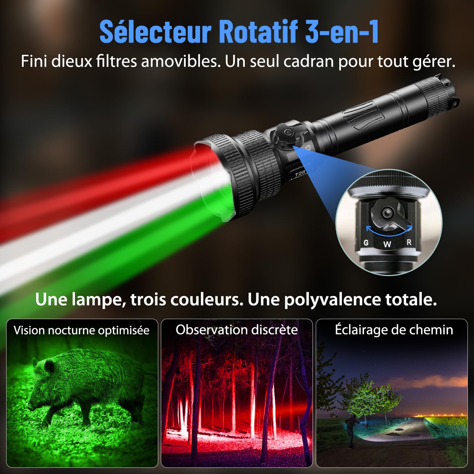 Brinyte T28 Lampe Torche Zoom 3-En-1 Rouge Blanc Vert Extérieur | Variateur Continu, Interrupteur Rotatif, Longue Portée, Lampe Tactique, Interrupteur Distance, Deux Supports, Camping