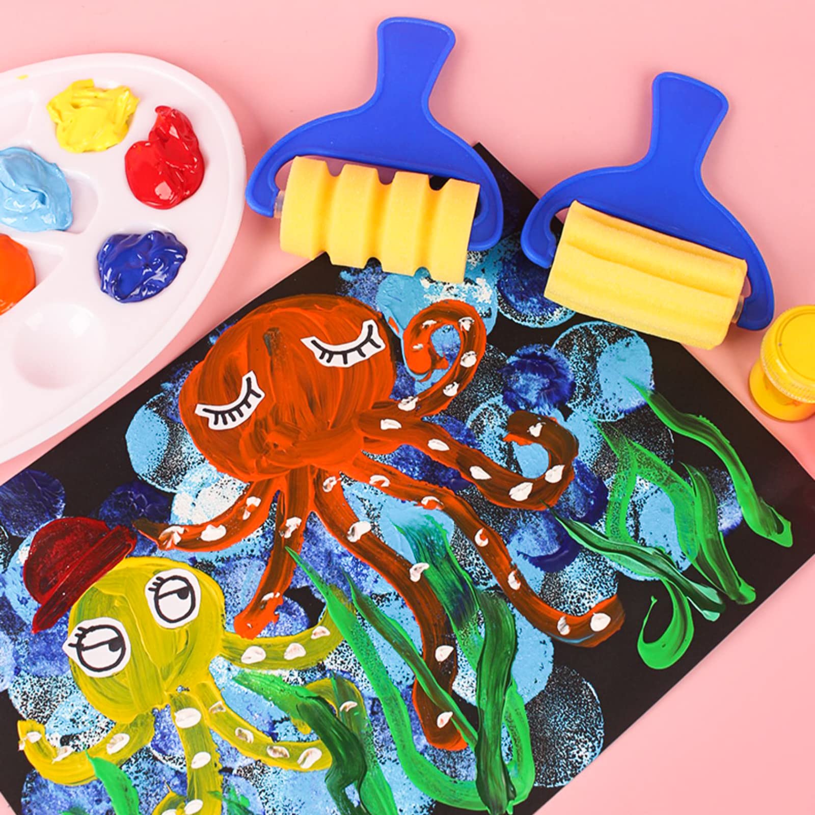 Kit 63 Pièces Éponges & Pinceaux Pour Enfants - Activité Peinture DIY | Avec Tablier Et Sac | Développe Créativité