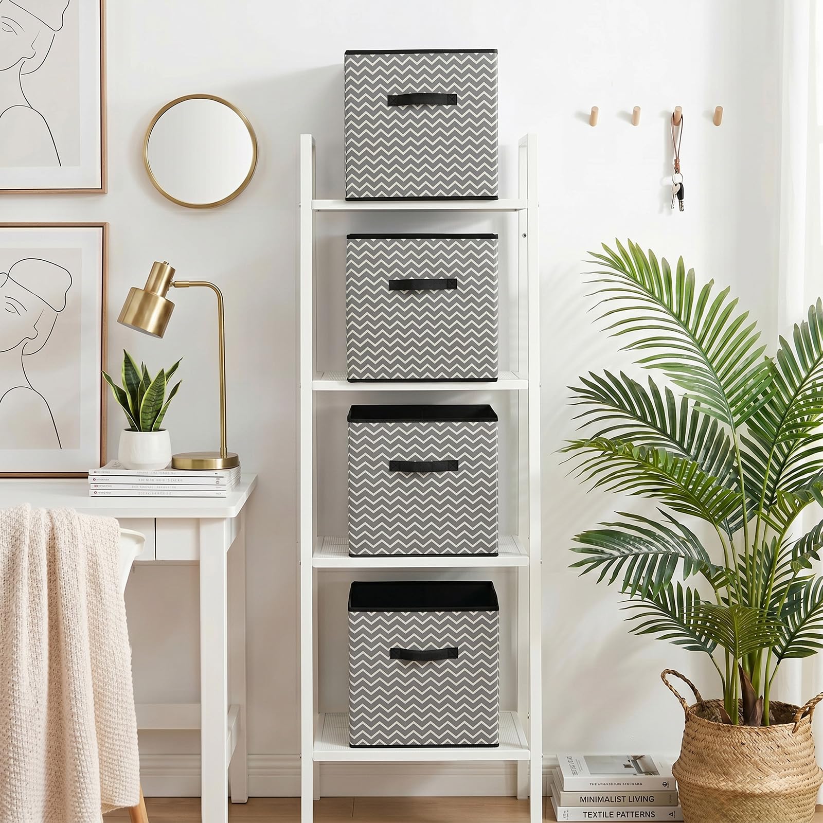 Stoff-Aufbewahrungsbox 4er-Set 33x38x33 cm – Faltbare Aufbewahrungskisten mit Griffen, Organizer für Schrank, Regal, Schublade, Kleiderschrank, Mehrfarbig (Grau mit großen Pfeilen)