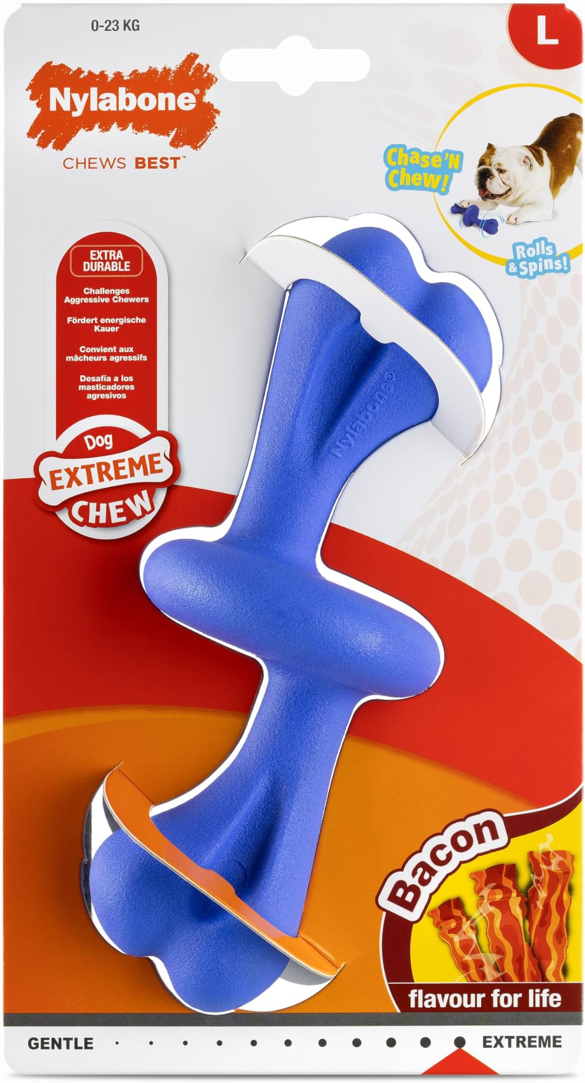 Nylabone Extreme Power Chew Rolly Bone Interactive Dog Chew Toy, Bacon