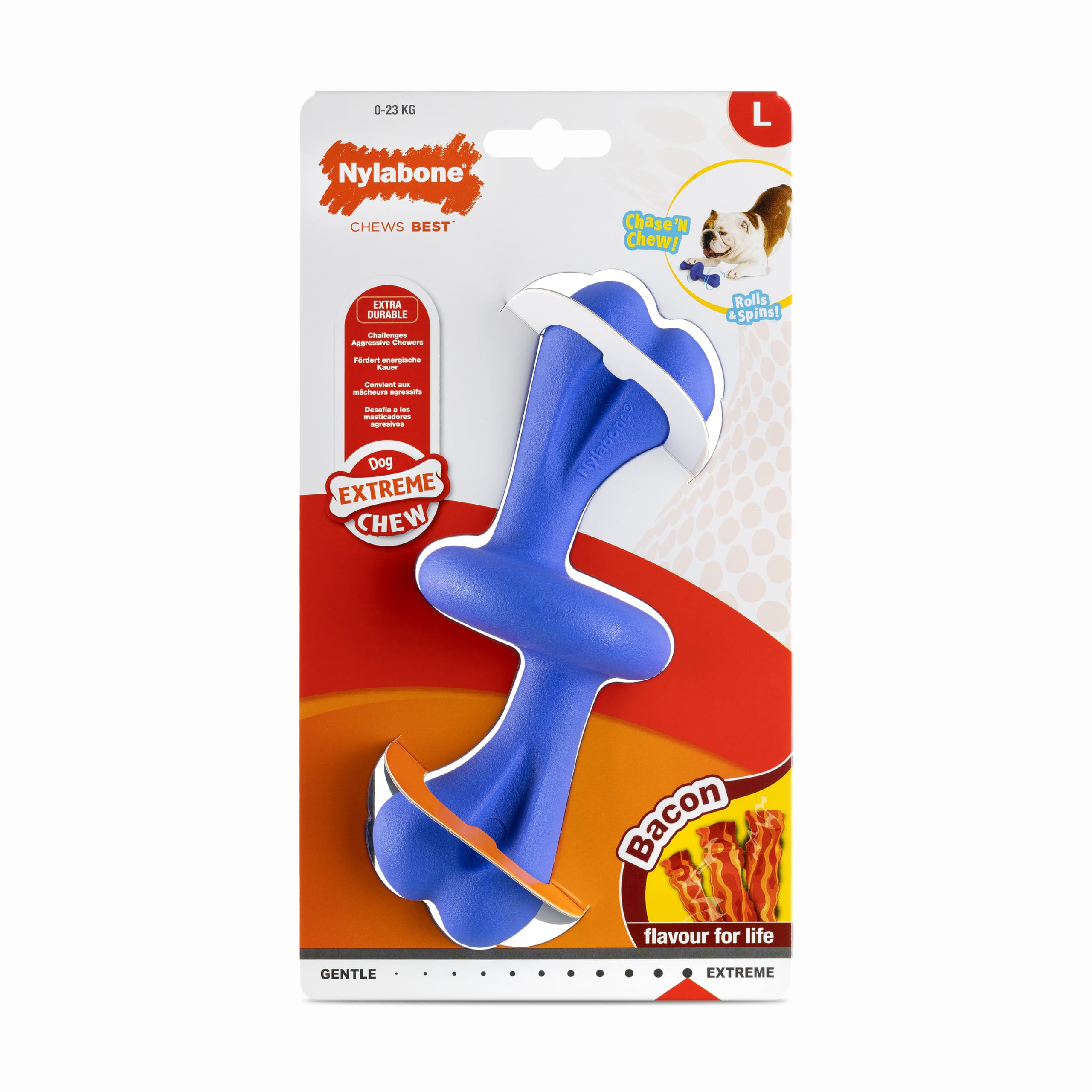 Nylabone, Efecto Masticador Extremadamente Fuerte, Juguete Interactivo con Hueso rodante, Sabor Bacon, Grande - para Perros de hasta 23 kg