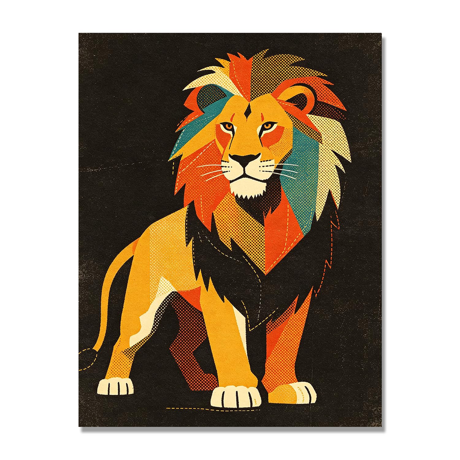 GYSDKUS Pop Art Lion Wall Art, Vibrant Red, Yellow and Blue Halftone Print, Bold Animal Portrait Poster. M18. 70x90cm-28x35in. Frameless