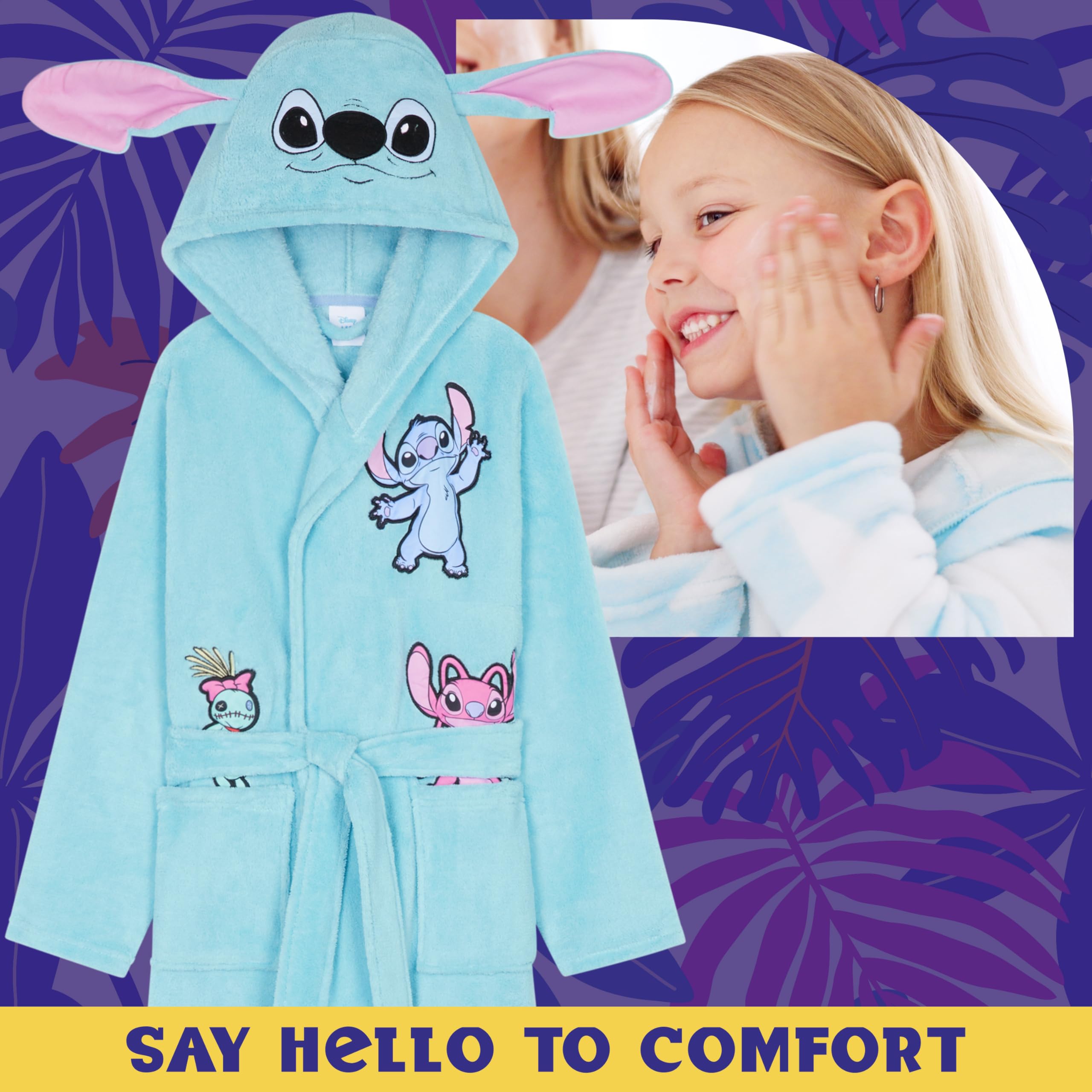 Disney Stitch dziewczęcy szlafrok polarowy z kapturem i kieszeniami, przytulny szlafrok puszysty odzież domowa bielizna nocna - prezenty ze ściegiem