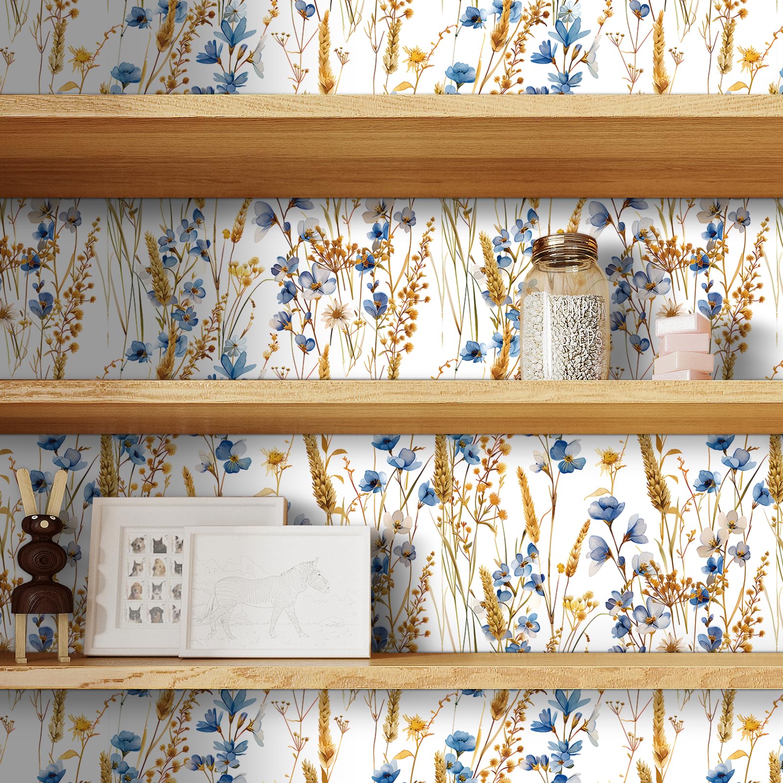FunStick 44.5CMx9M Papel Pintado Floral Blanco Pared Dormitorio Trigo Otoñal y Flores Silvestres Impermeable Papel Adhesivo para Muebles Baño Blanco Azul Dorado Vinilo Adhesivo Flores Muebles Armario