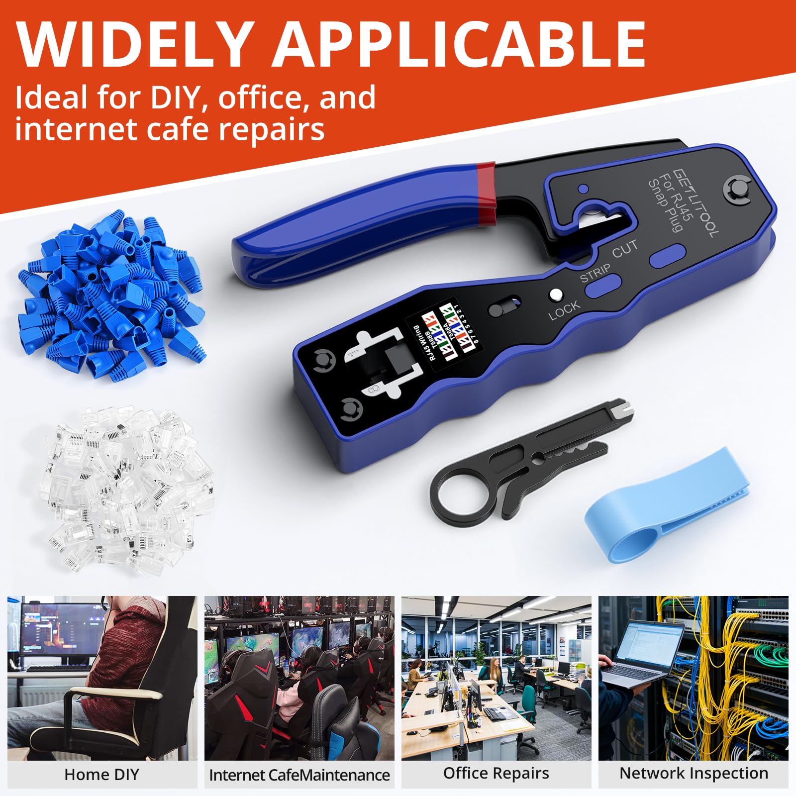 GETLITOOL Profesjonalny zaciskarka RJ45 Kompletny zestaw z 60 pozłacanymi złączami Cat5e/Cat6/Cat6a, szczypce do ściągania izolacji i narzędziami do sieci Ethernet