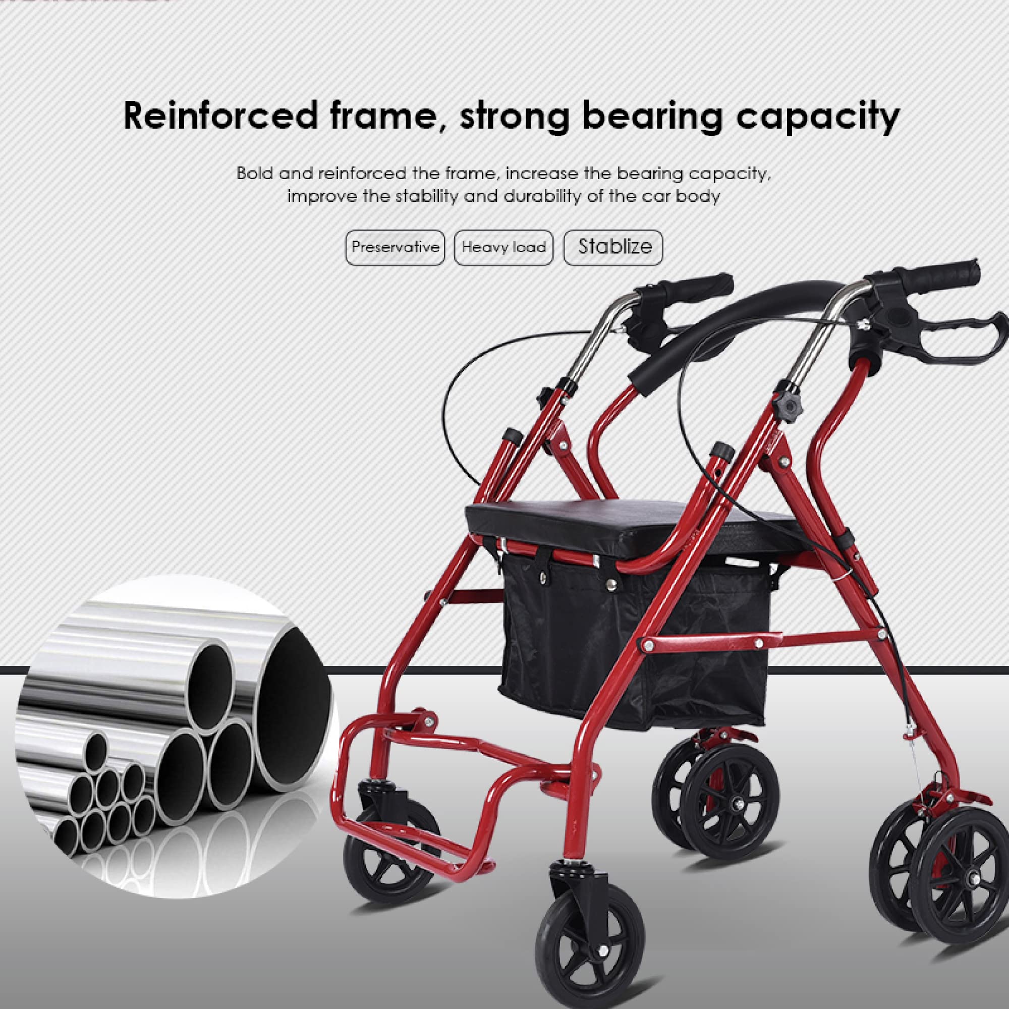 Andador con ruedas con asiento y ruedas - Andador vertical ligero de 6 ruedas con bolsa de almacenamiento/altura ajustable para personas mayores, carga hasta 264 libras/Black