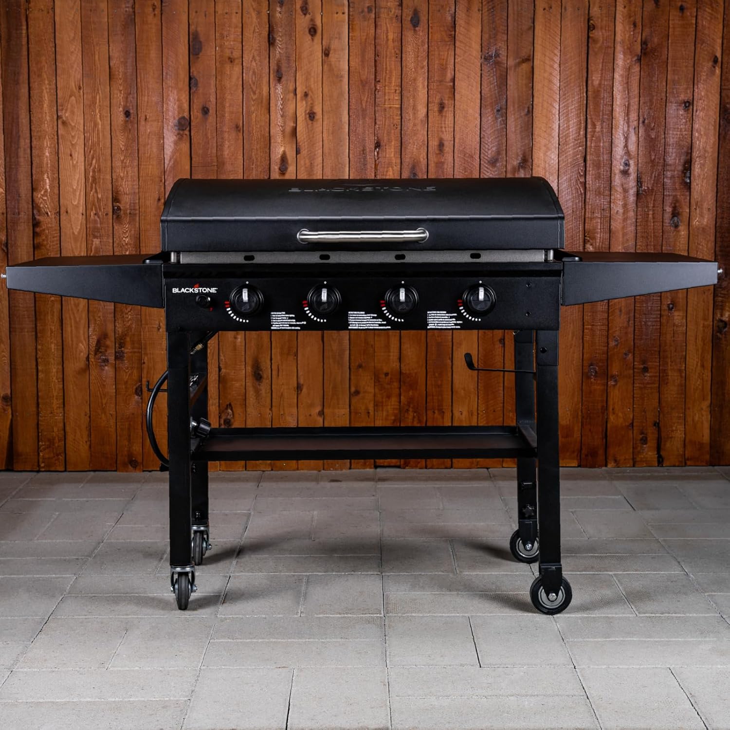 Blackstone 36 Inch Gas Griddle with Hood Cooking Station 4 Burner Flat Top Gas Grill Propane Fuelled Restaurant Grade Professional 36” Outdoor Griddle Station with Side Shelf