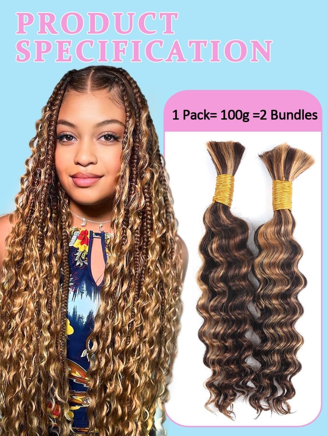 Sexycat Deep Curly Human Braiding Hair for Boho Braids 2 Bundles 22 Inch 100g,#4/30 Ombre Brown Water Wave Bulk Human Hair for Micro Braiding Wet and Wavy Human Hair Extensions - Image 2