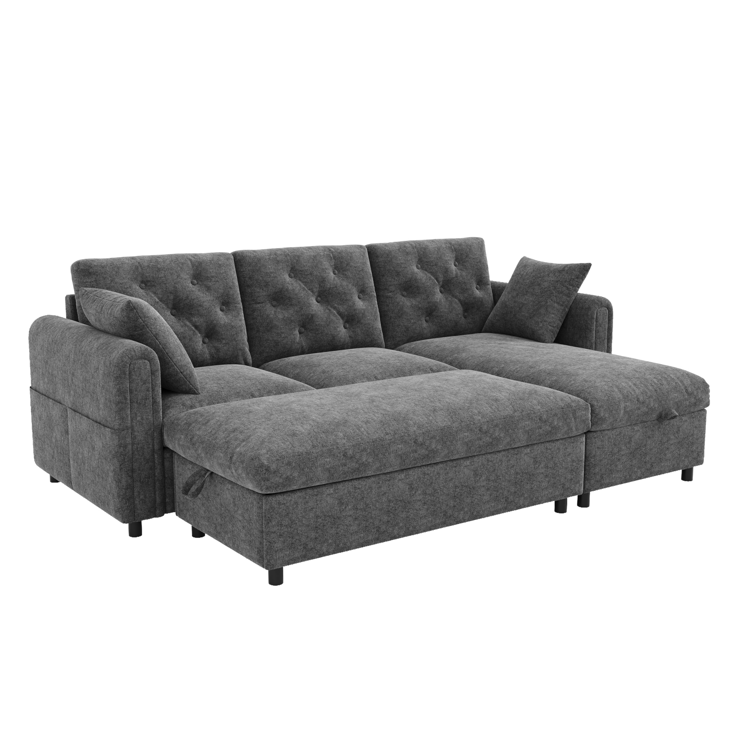 Merax Ecksofa mit Flexibler Ottomane & Hocker, Modulares L-Form Sofa mit 2 Bettkästen, beidseitig montierbar, Schlafsofa mit Seitentaschen & Knopfheftung, 3-Sitzer Couch, 219cm, Grau
