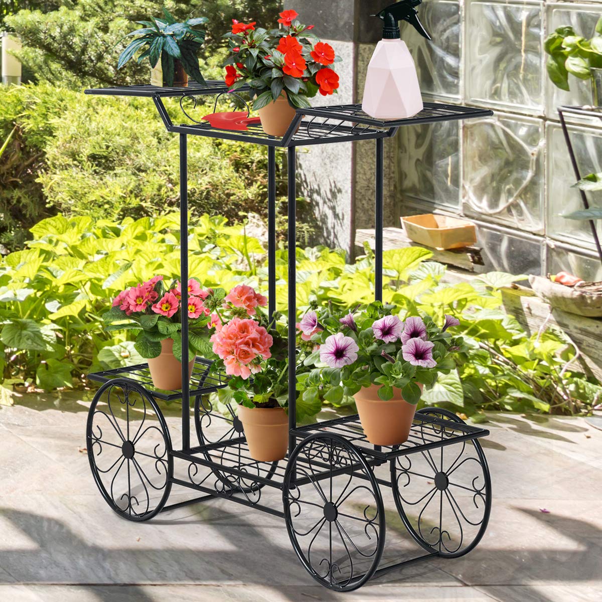 COSTWAY Pflanzenregal Metall, Blumenregal schwarz, Blumenständer mit 6 Ablagen, Pflanzenhalter für den Innen- und Außenbereich, Pflanzenständer Balkon Garten , Freistehender Blumenwagen