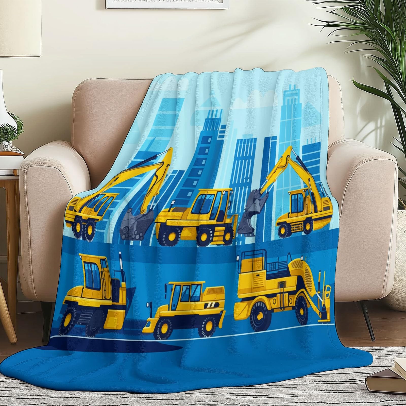 Koc polarowy 200 x 220 cm kreskówka pojazd budowlany koc polarowy jasnoniebieski flanelowy koc dla 2 osób, z nadrukiem, miękki i ciepły na sofę łóżko