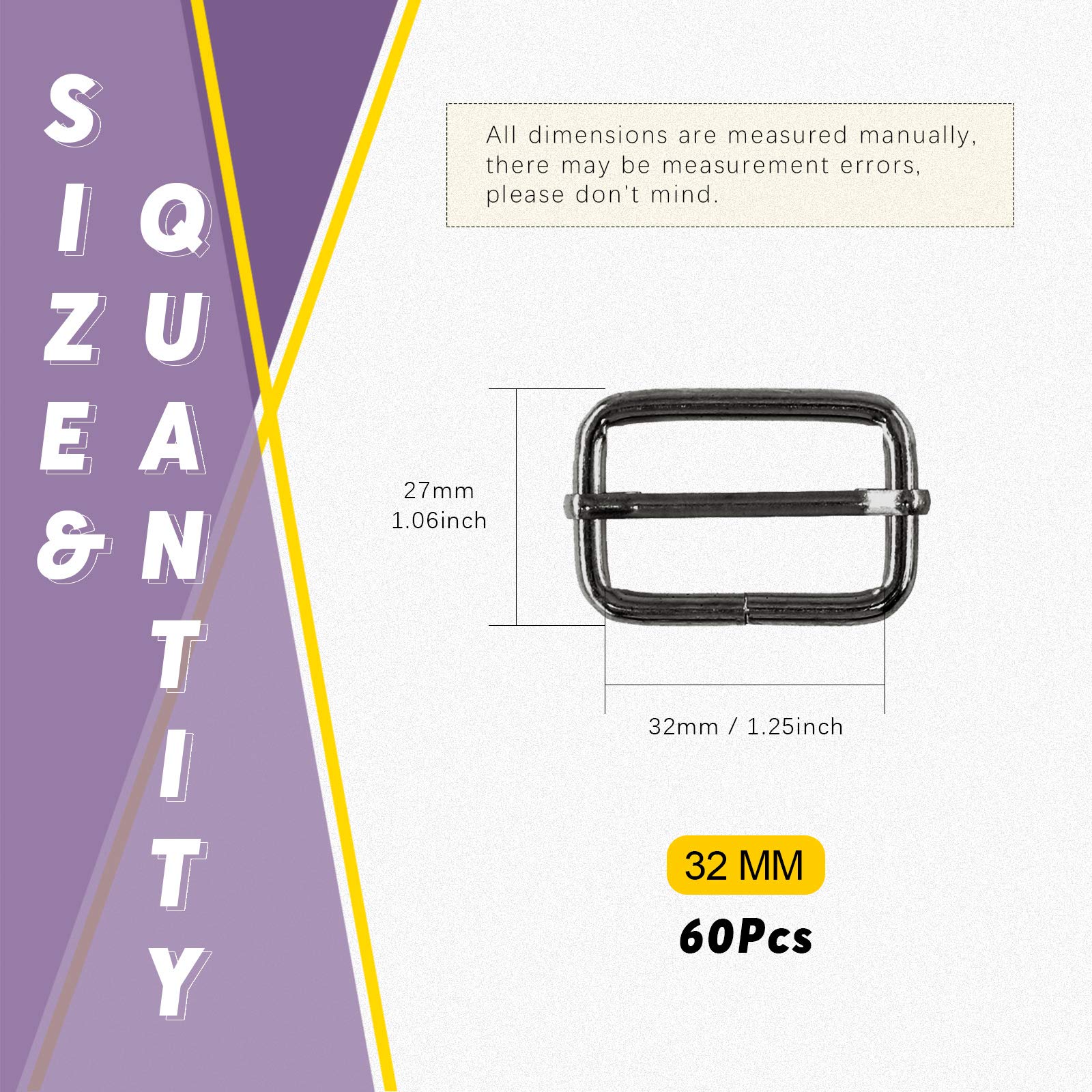 Swpeet 60Pcs 1/2 Inch, 13mm Gun-Black Metal Rings Rectangle Adjuster Triglides Slides Buckle - Image 2