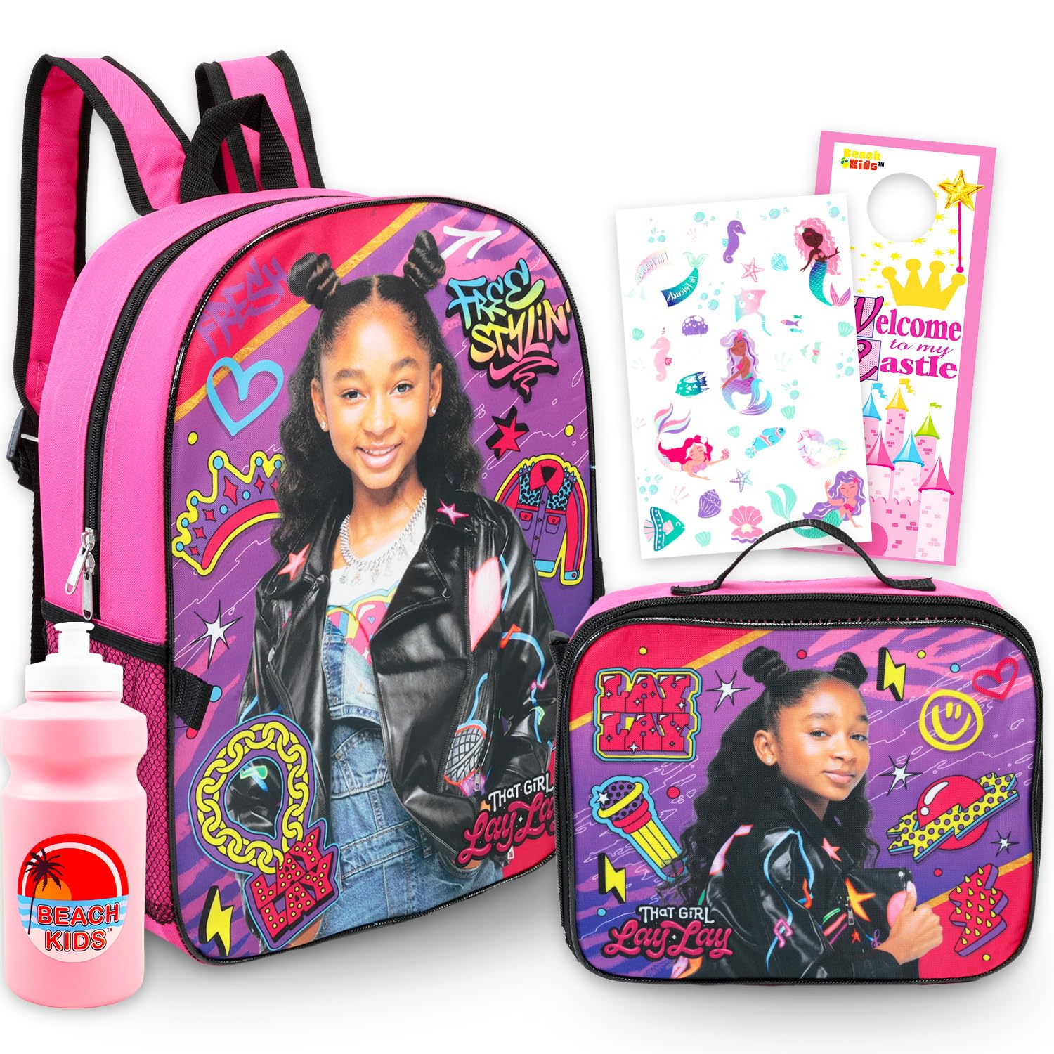Nickelodeon That Girl Lay Lay Backpack with Lunch Box for Girls - Bundle with 16" Backpack, Lunch Bag, Water Bottle, Tattoos, More | That Girl LayLay