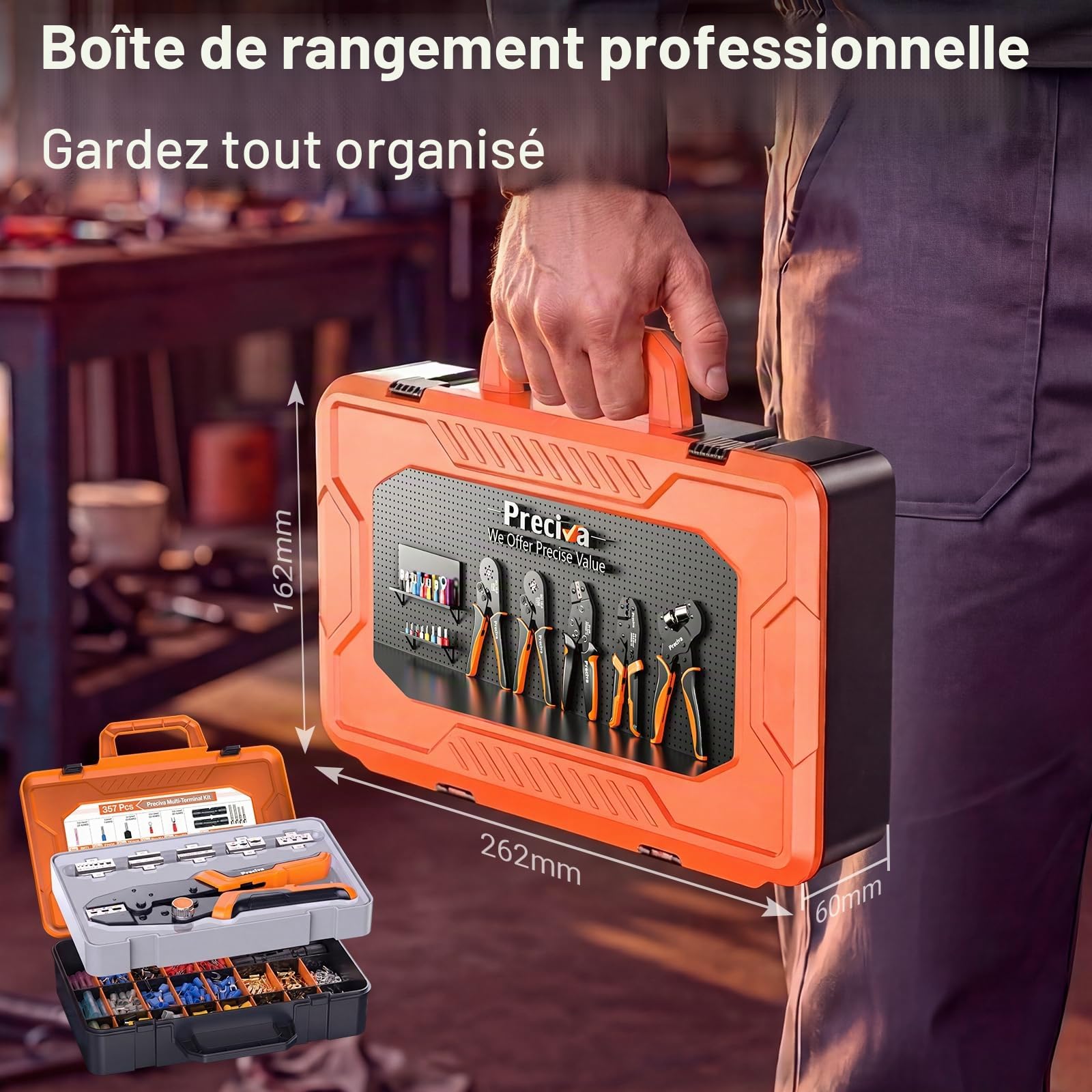 Preciva Kit de Pince à Sertir en Coffret avec 395 Cosses, Pince à Sertir à Cliquet 6 Mâchoires Interchangeables, Jeu d'Outils de Sertissage pour Travaux Électriques Domestiques, Automobiles