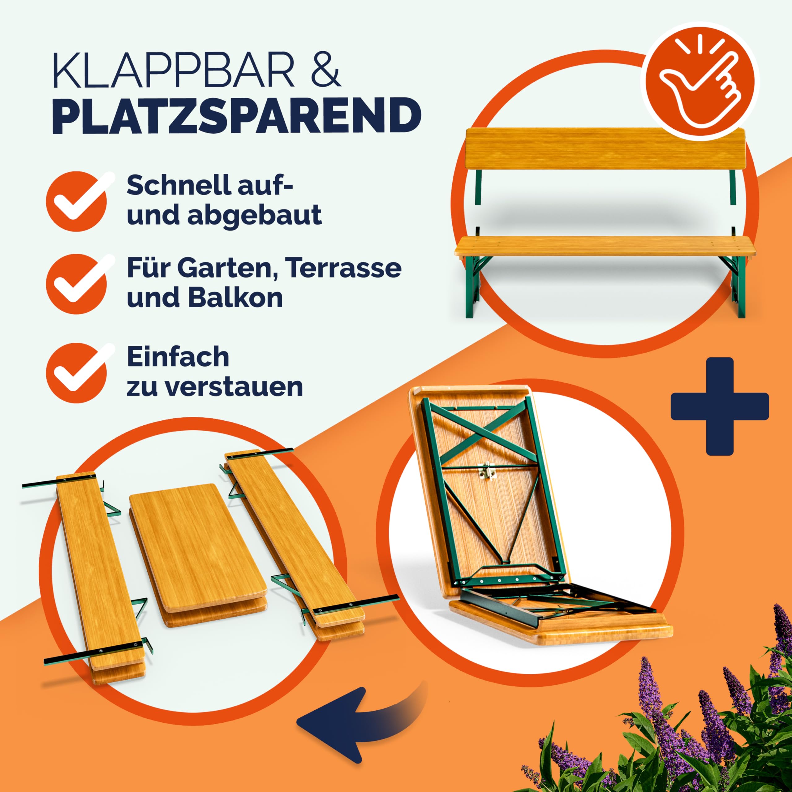 Casaria® Bierzeltgarnitur mit Lehne 170 cm Klappbar Stabil 2X Bierbank 1x Breiter Tisch Holz Biertischgarnitur Festzeltgarnitur Biergartengarnitur