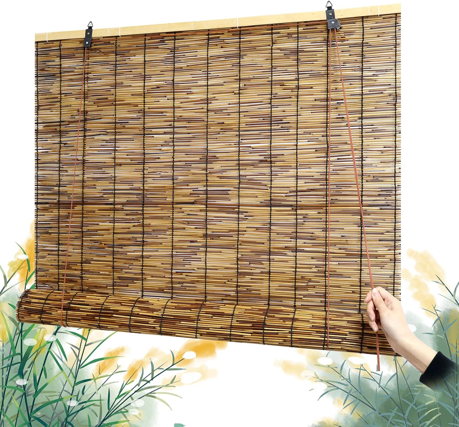 Bamboo Blinds for Windows, Privacy Reed Curtains for Indoor/Outdoor Porch Privacy Outdoor Bamboo Shades, Bamboo Roman Shades with Lift, Anti-UV Waterproof Light-Transmissive Porch Blinds