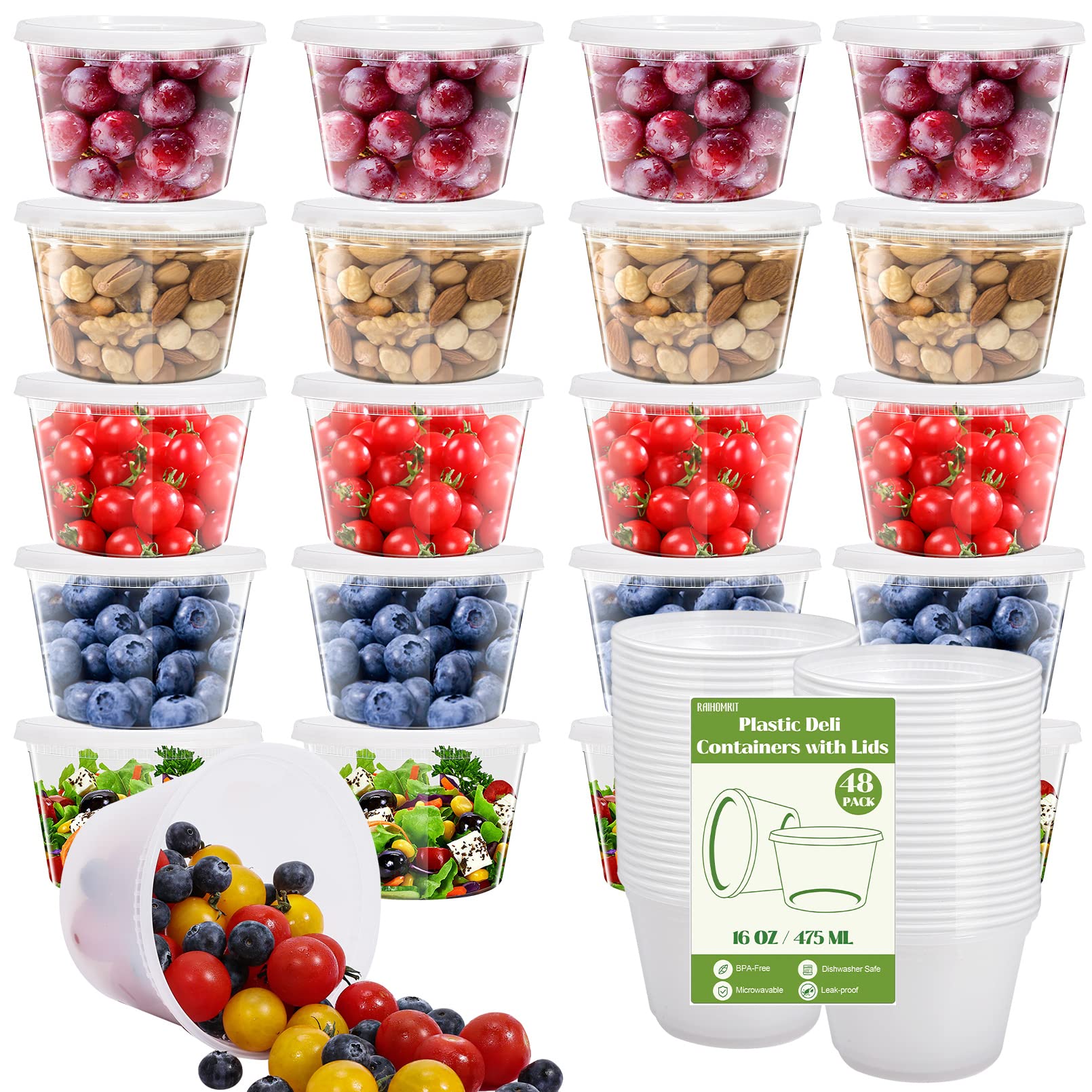 Incisite Men's Clear 48 Pack Food Storage Containers With Lids, 16 Oz Deli Containers, Reusable Deli Food Storage Container With Airtight Lids, Meal Prep Container, Bpa Free, Microwave/Freezer Safe