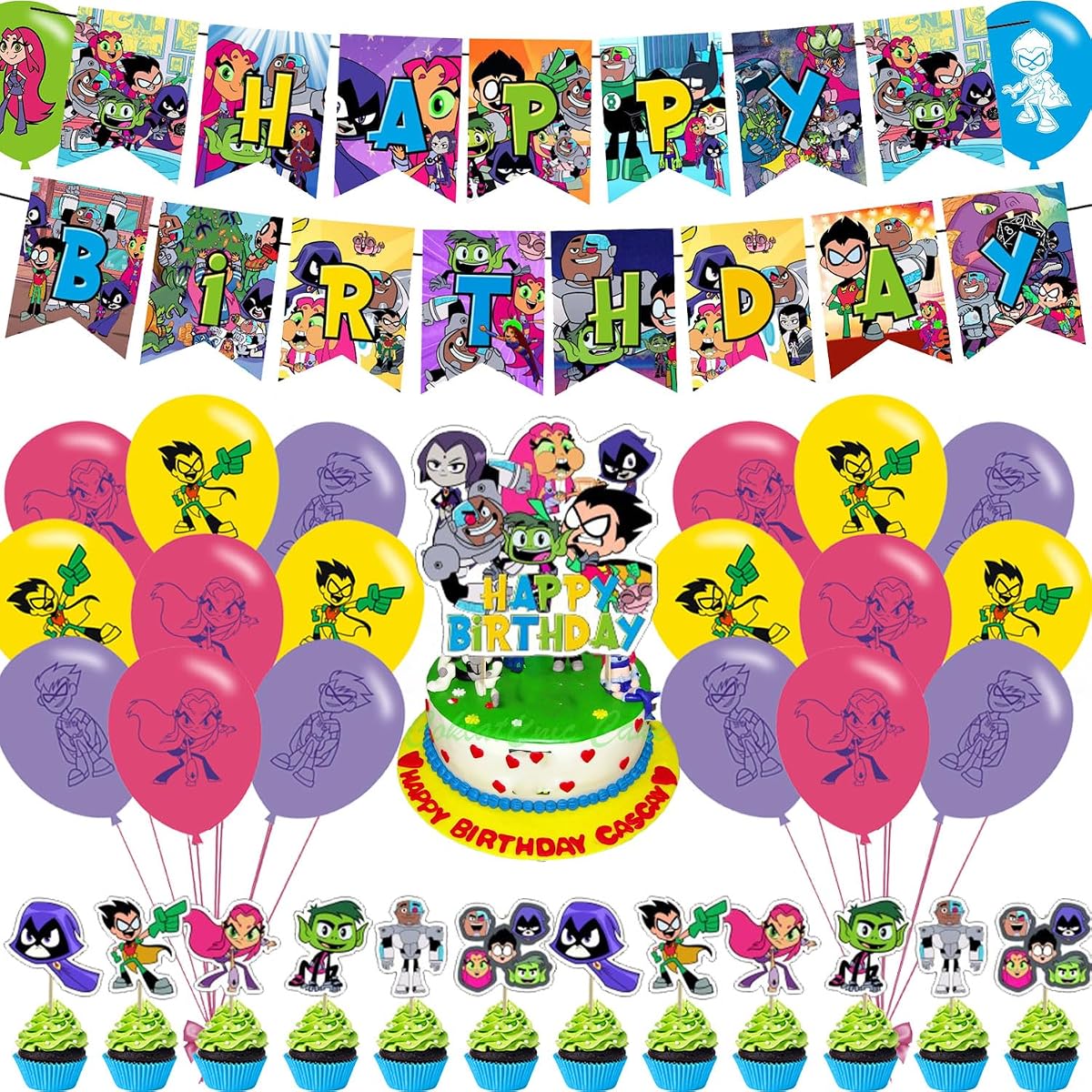Cartoon Party Decorations,𝓣𝓮𝓮𝓷 𝓣𝓲𝓽𝓪𝓷𝓼 Birthday Party Supplies Includes Banner- Cake Topper - 24 Cupcake Toppers - 18 Balloons