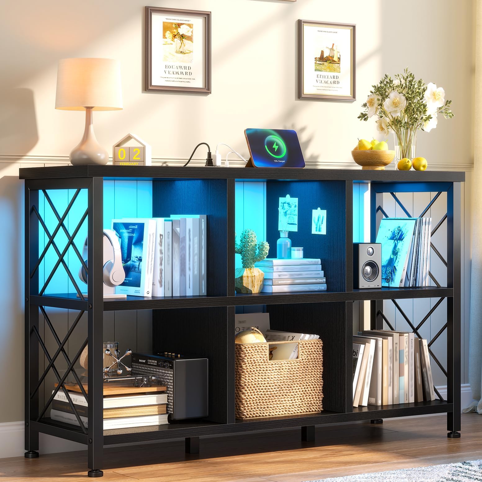 6 Cube Storage Organizer with LED Light and Charging Station, Wood and Metal Cube Shelf, Long Horizontal Book Shelf for Bedroom, Home Office, Black