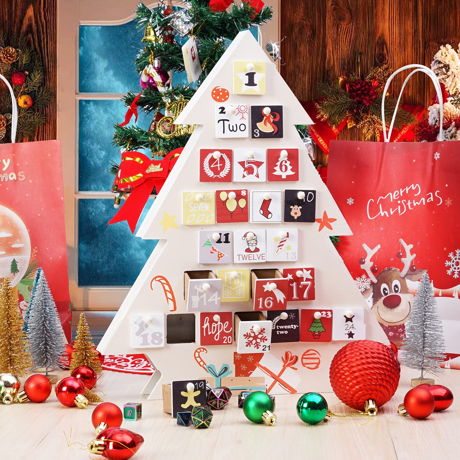 Amazon.co.jp: Tqehs クリスマス 木製 アドベントカレンダー 自然の木