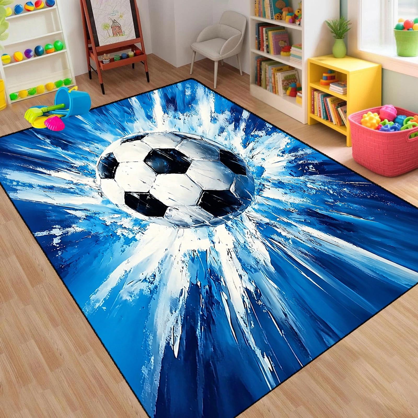 MUOUCTE Blue Football Area Rug 3D Burst Sports Carpet 180x300cm
