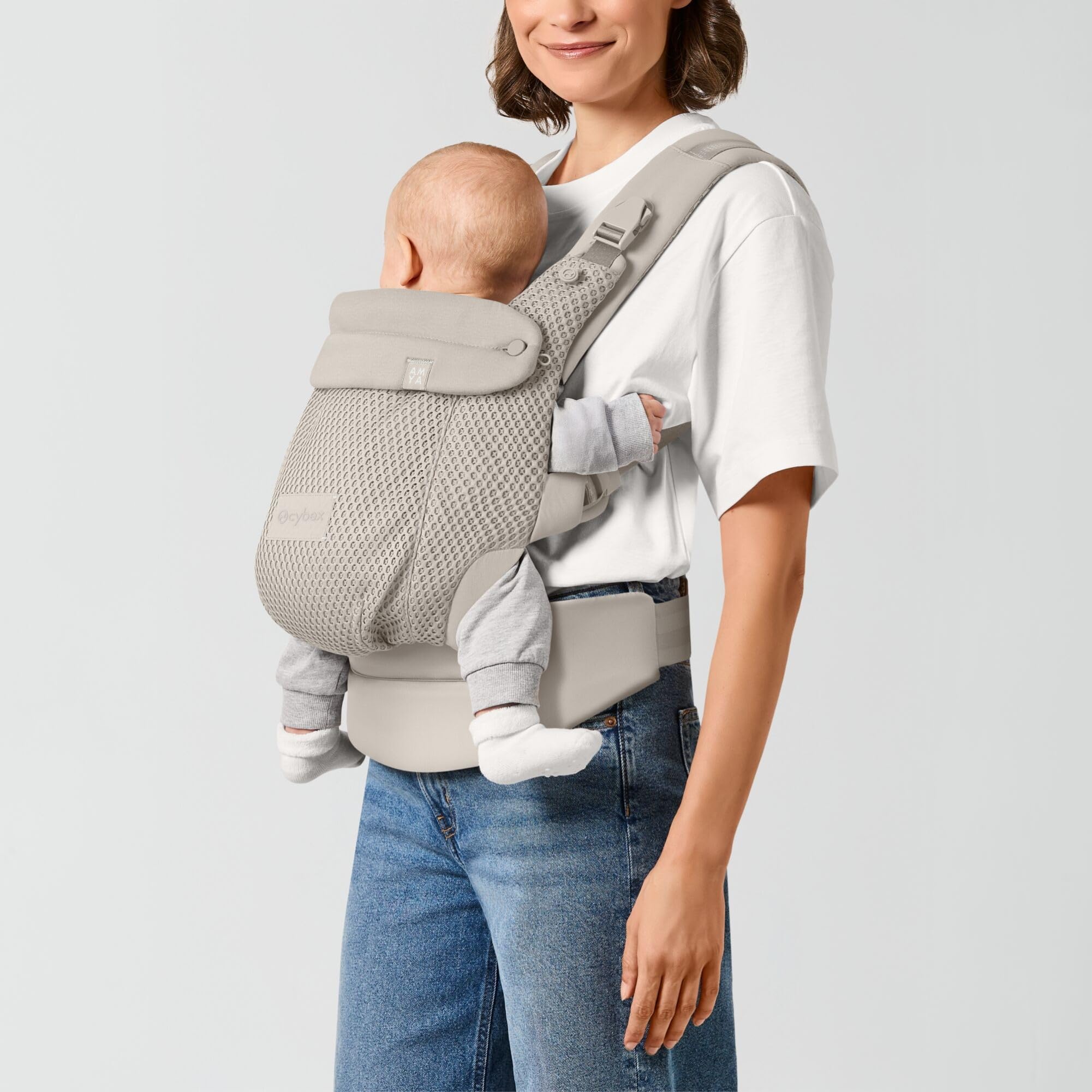 CYBEX Gold AMYA Mochila Portabebés, Desde Nacimiento Hasta 3 Años Aprox, Peso del Niño: Mín. 3,2 kg, Máx. 15 kg, Peso del Portabebés: 760 g, Diseño Autoadaptable, Tejido Transpirable, Dune Grey