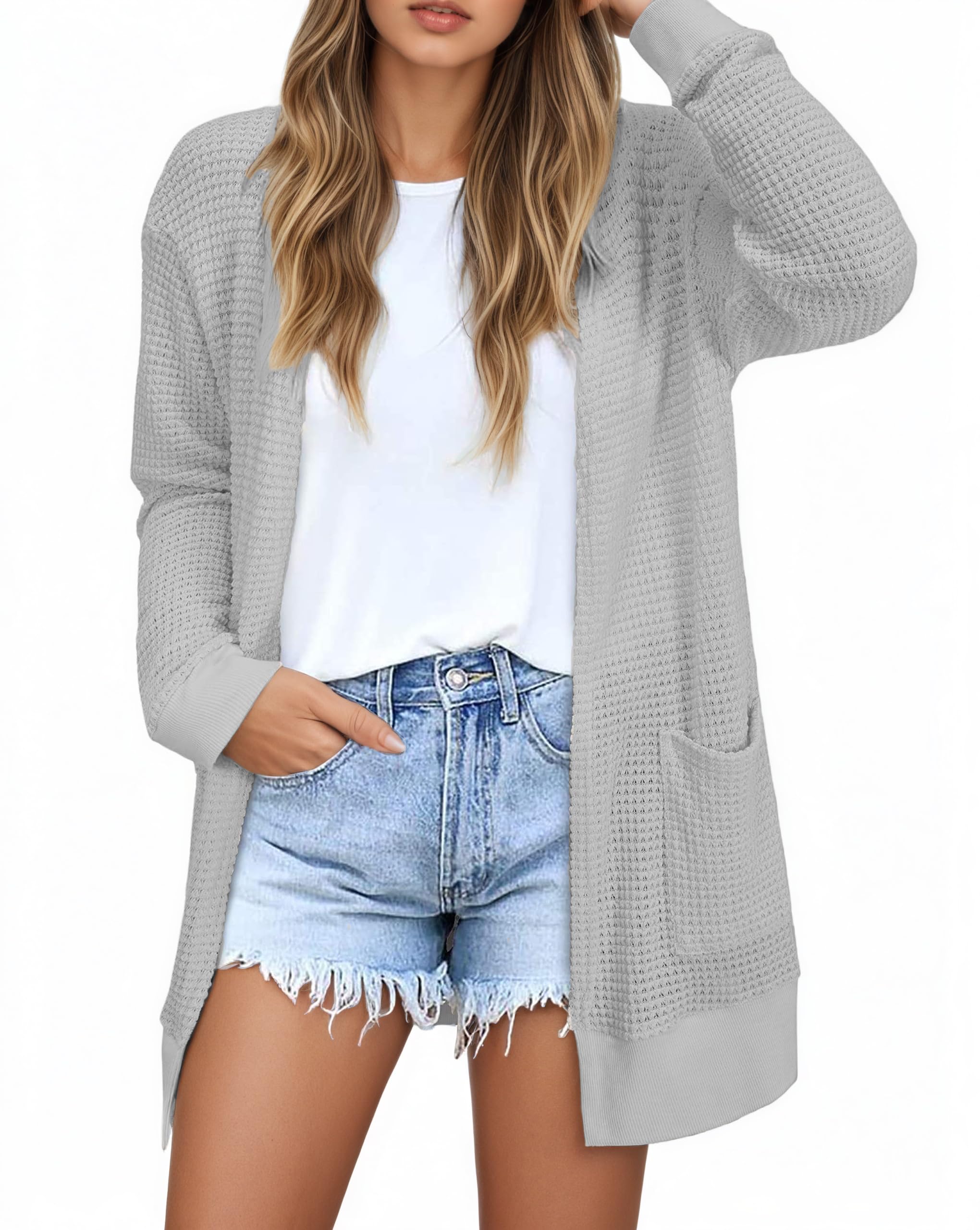 GLEENOD Strickjacke Damen Sommer Leicht Lang Cardigan Open Front Taschen | Langarm, lange Form, Open Front ohne Knöpfe, zwei Taschen, leichter Sommerstrick – Büro, Alltag und Übergangszeit