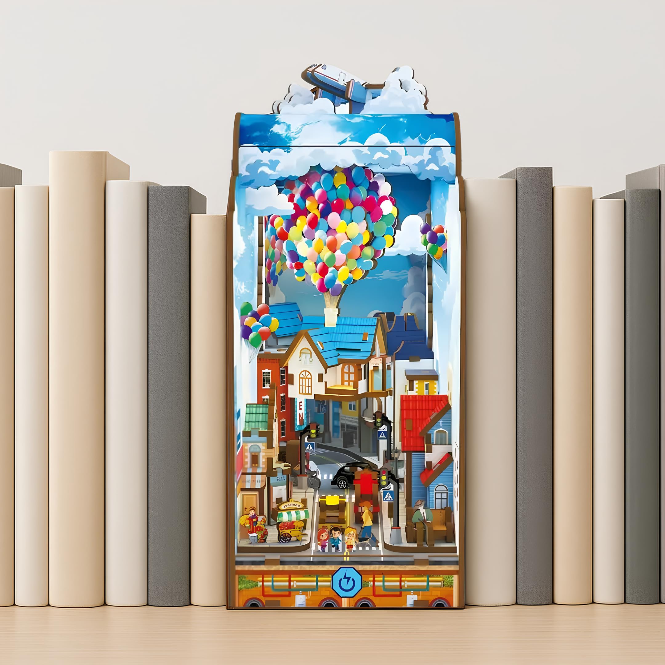 Malau – 3D Book Nook Puzzle aus Holz mit außergewöhnlichem Design und Licht – Miniaturhaus-Bausatz zum Selberbauen DIY Diorama für Bücherregal oder Schreibtisch Buch (Mobile Flying House)