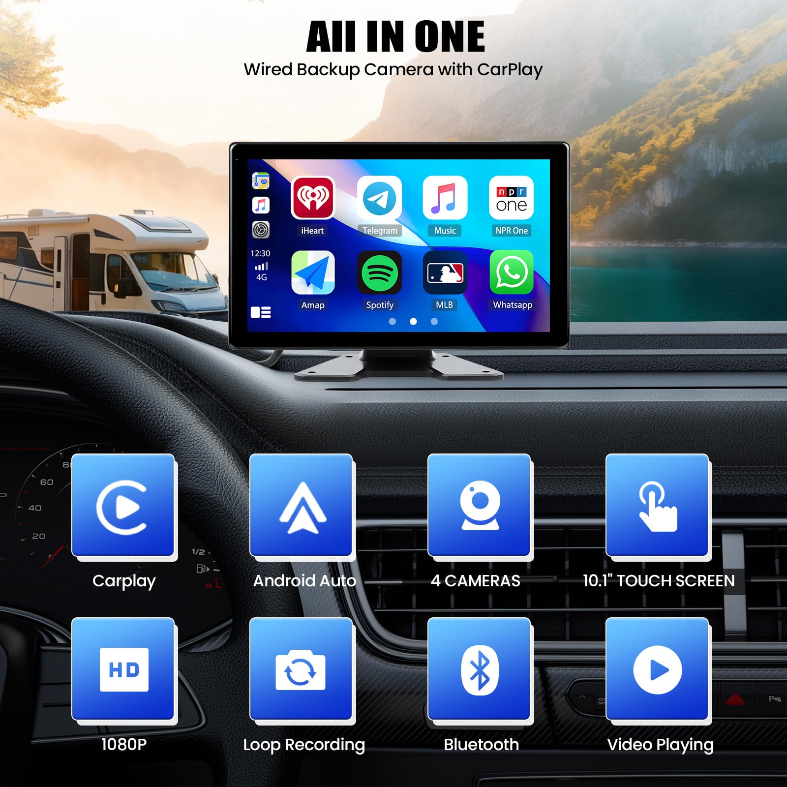 Kamera cofania 10,1 cala HD ekran 2,5D system DVR z 4 kamerami nagrywanie w pętli dla ciężarówek autobusów i maszyn rolniczych 7–32 V kompatybilna z CarPlay i Android Auto monitorowanie postoju IP68