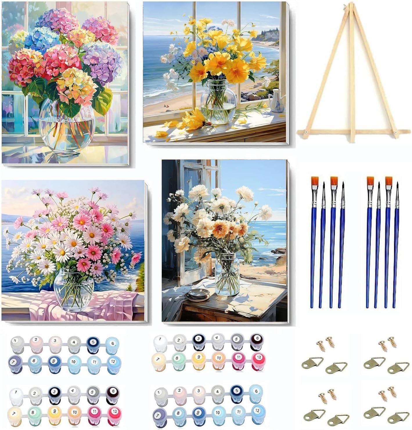 Jakener 4 Pack Flowers Paint by Numbers Kit for Adults Beginner with Framed,Easy Adult Paint by Number Kits on Canvas DIY Painting for Beginners Art by Numbers for Home Wall Decor 10x12