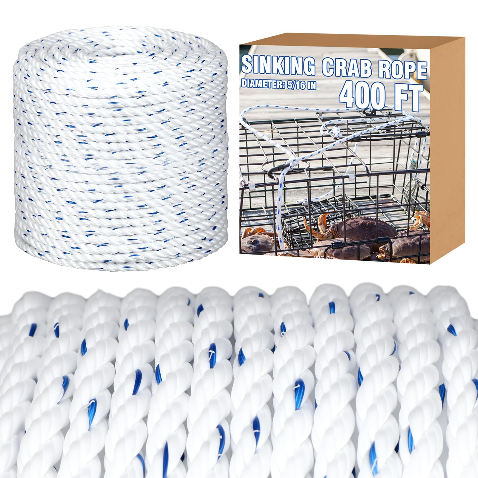 Wesnoy Sinking Line 5/16" Dia-400' Leaded Core Rope for Crab Trap and Shrimp Pot Crab Trap Rope 3 Strands Twist PP Line for Harness Fishing Industry