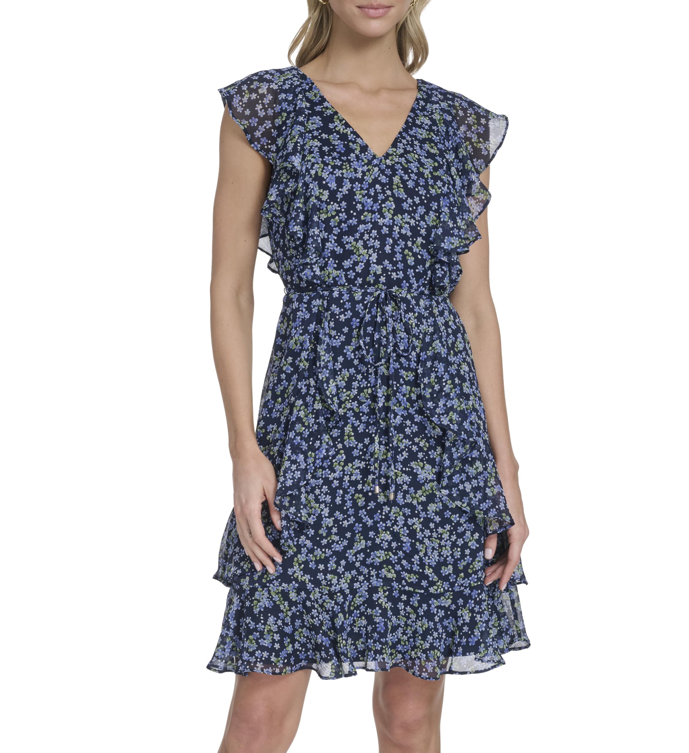 Tommy Hilfiger Women's Sleeveless V-Neck Ruffle Trim Tie Waist Chiffon Mini Dress