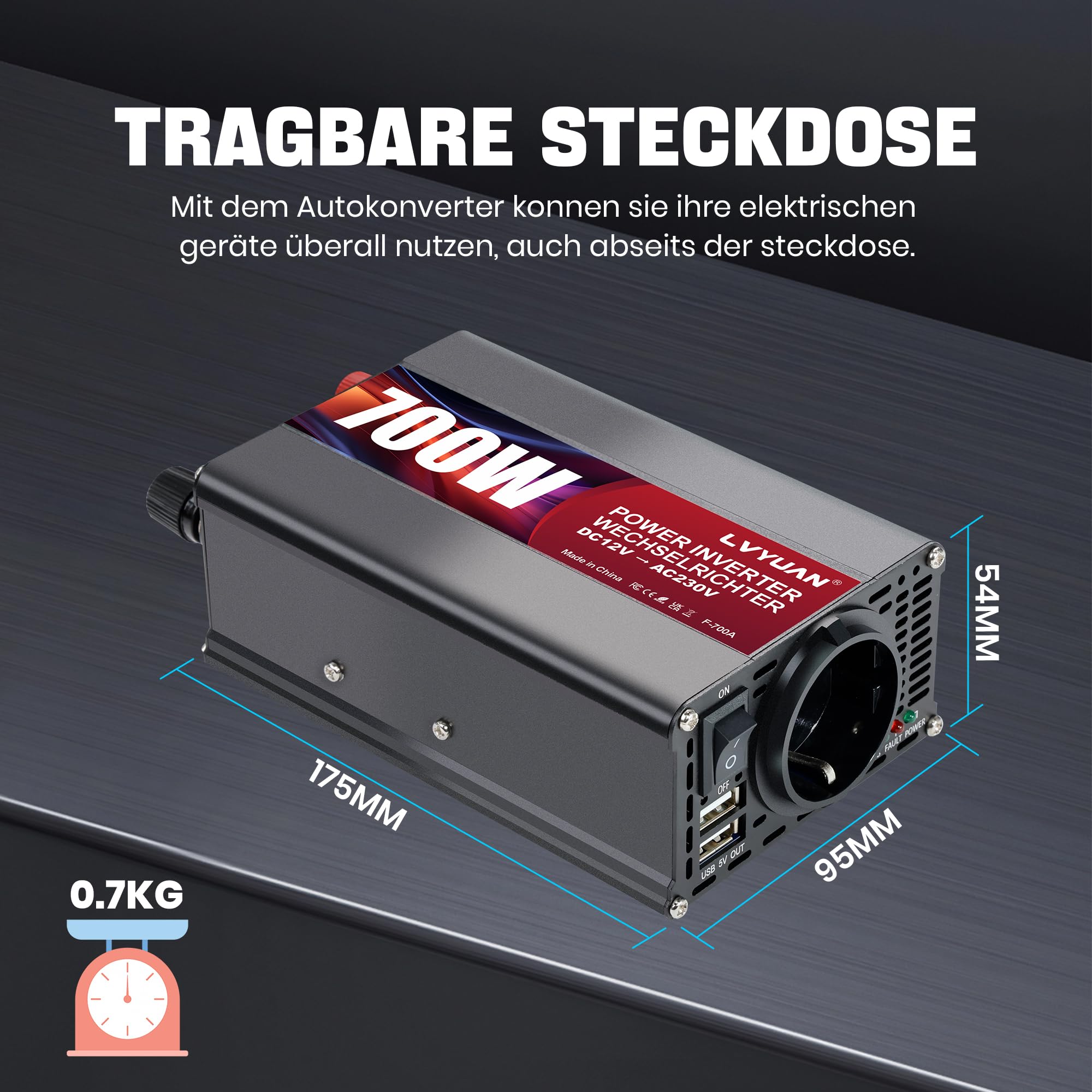LVYUAN 700W Wechselrichter DC 12V auf 230V AC Spannungswandler Auto Konverter mit Dual USB Ports & EU Steckdosen Kfz Ladegerät Adapter