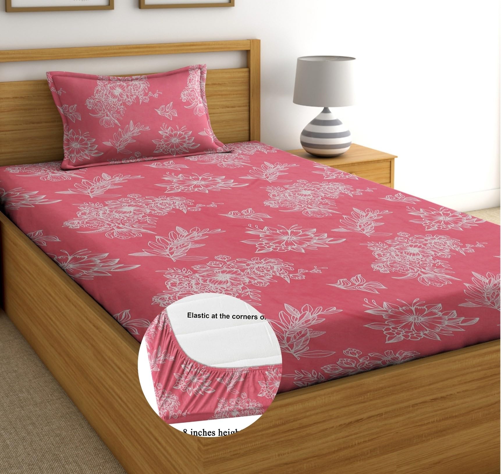 RD TREND Presents Luxurious Glace Cotton Super Soft 210 TC 360° Elastic Fitted Bedsheets Single Bed Size (72 x 48 x 8 Inch) with 1 Pillow Cover Size (28 x18), Color- Peach, Floral (B0CVBBCSB2) Amazon Price History, Amazon Price Tracker
