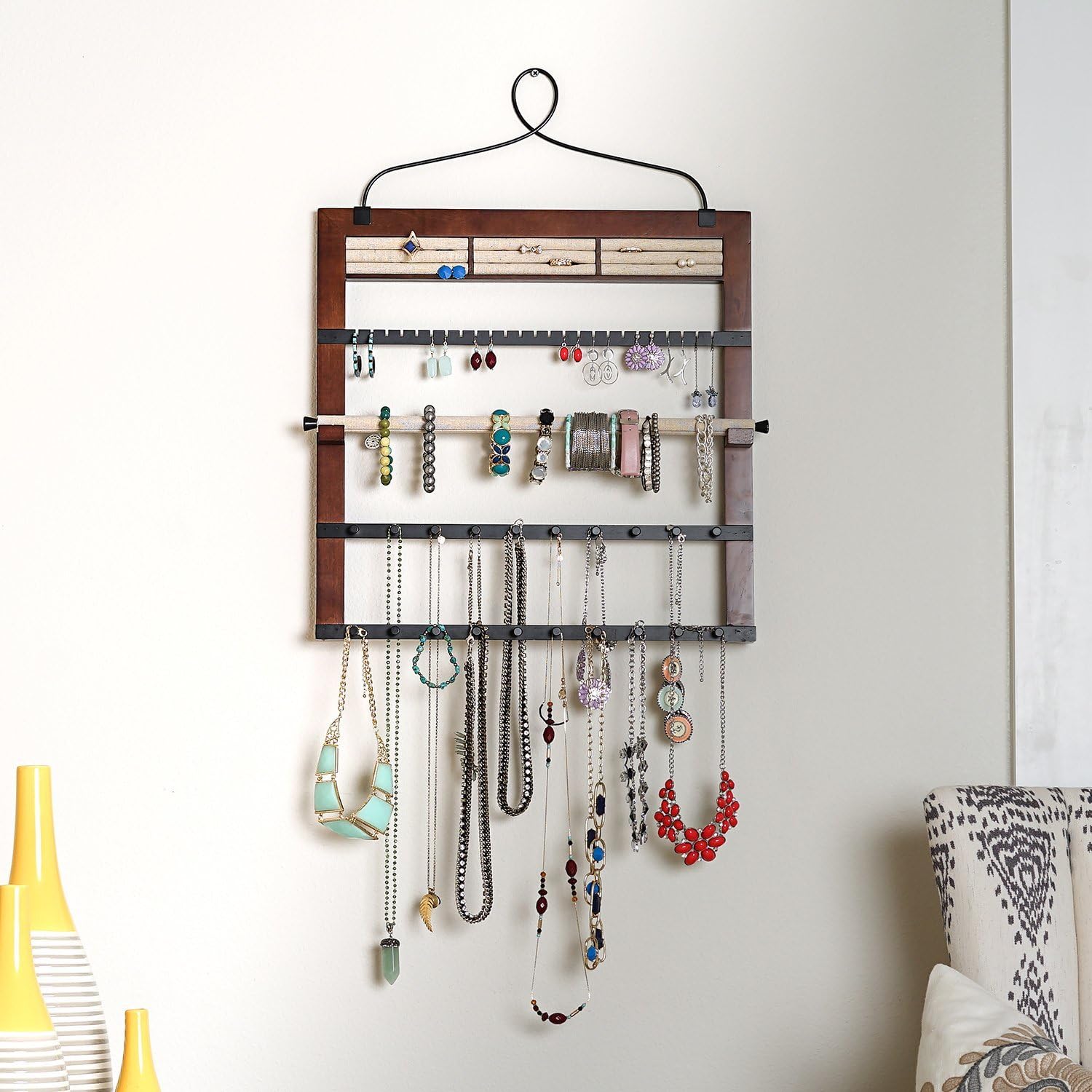 Hives and Honey Jewelry Organizer With Bracelet Holder Rod, 24" H x 18" W x 0.5" D, Walnut