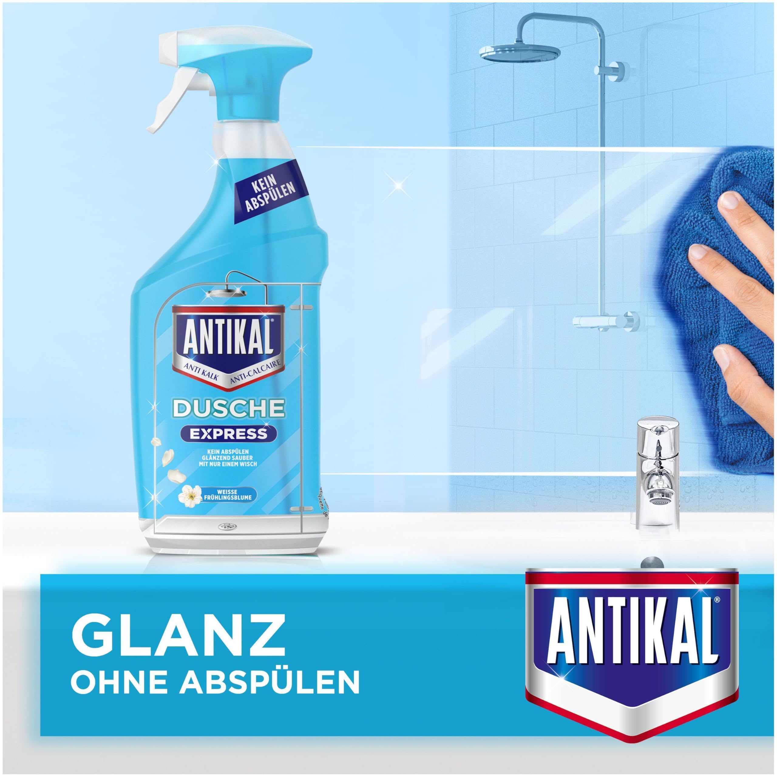 Antikal Expressspray, 10 × 800 ml, für Dusche & Bad, Kalkfrei Ohne Abwischen, Glänzende Flächen Mit Einem Wisch