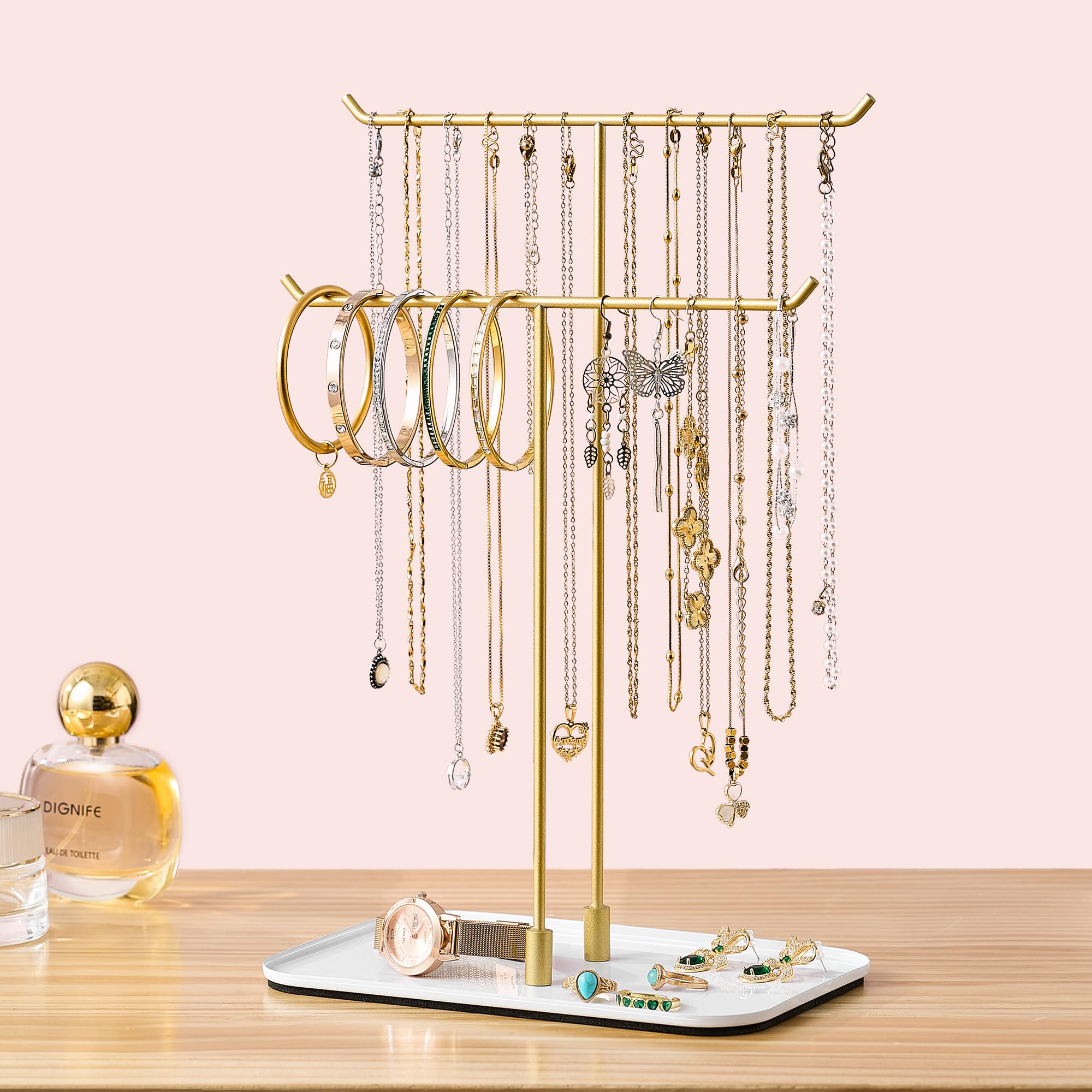 Gold Jewelry Organizer Necklace Holder Stand 2-Tier T-Bar Display with White Metal Tray Holds Necklaces Bracelets Earrings Countertop